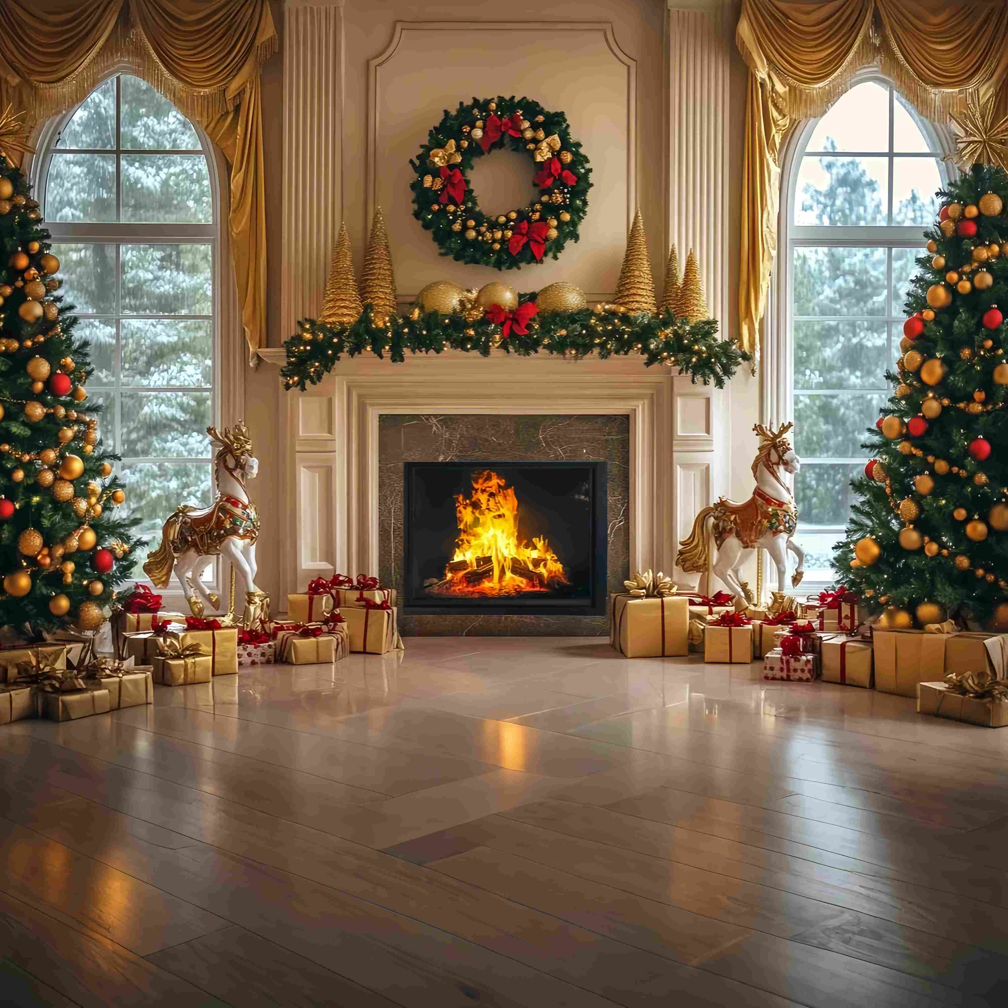 Christmas Fireplace Backdrop Golden Fireplace Wreath Gift Trees Christmas Backdrop Photography UK TWW58-61