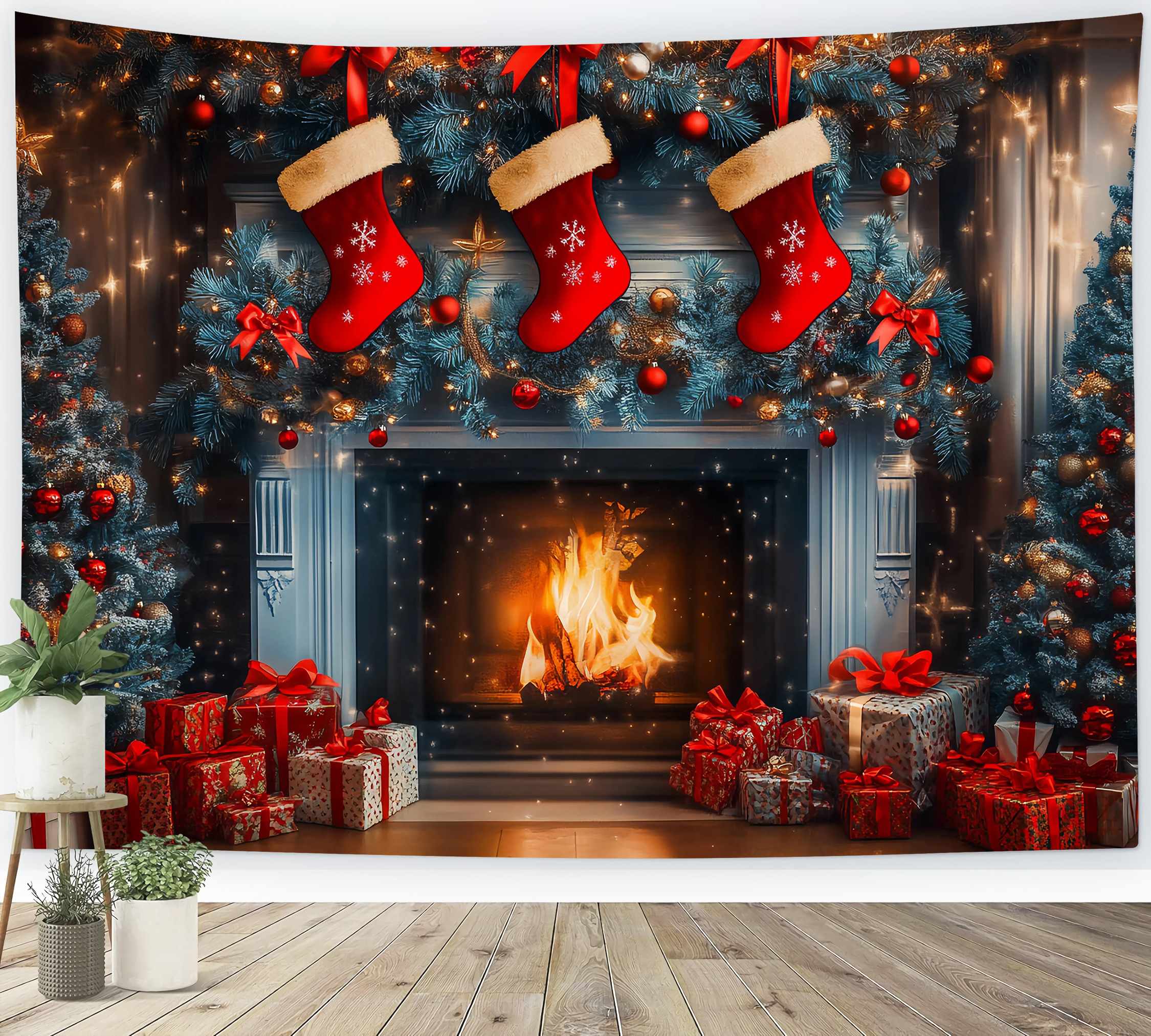 Christmas Fireplace Backdrop Stocking Garland Blue Pine Trees Christmas Backdrops UK TWW58-62
