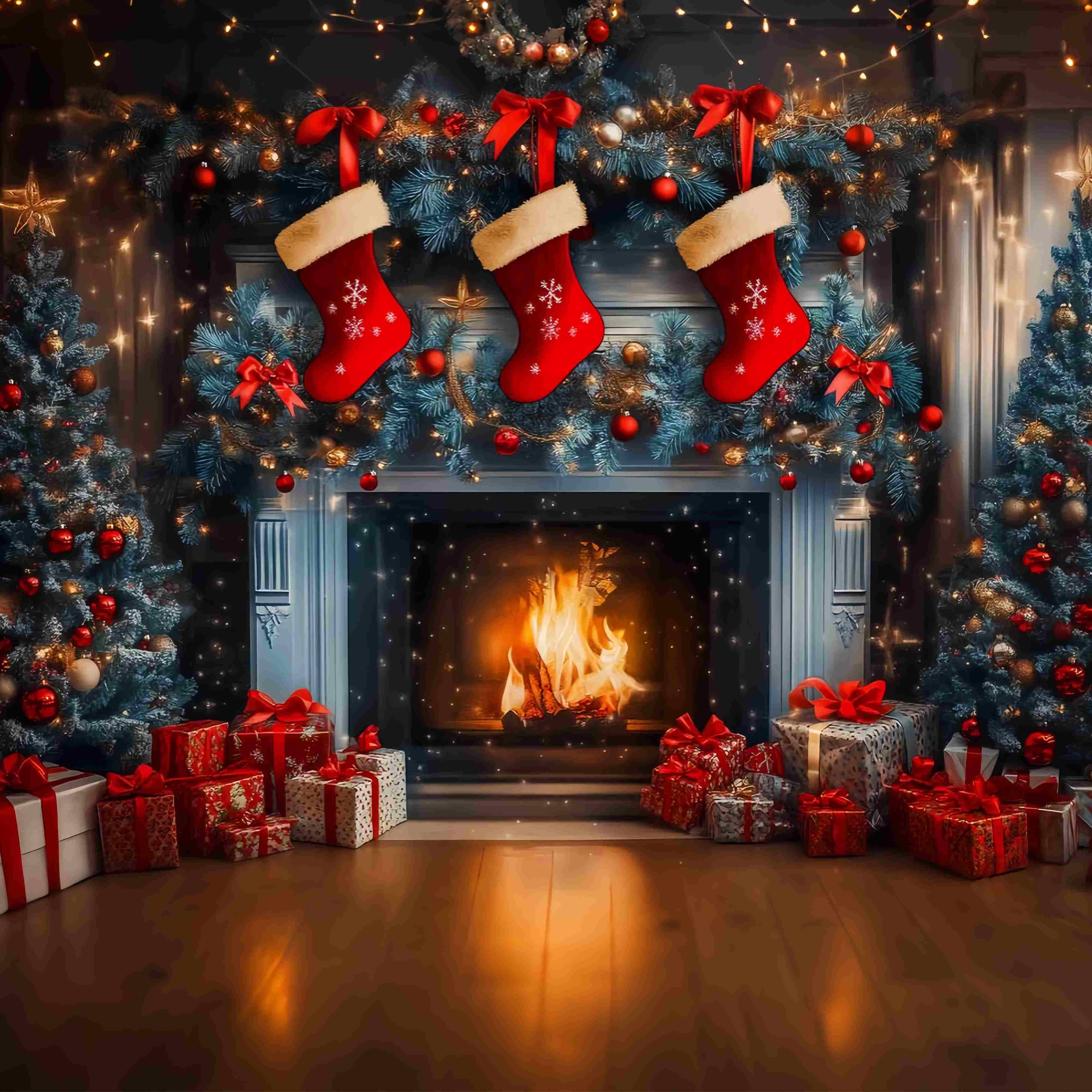 Christmas Fireplace Backdrop Stocking Garland Blue Pine Trees Christmas Backdrops UK TWW58-62