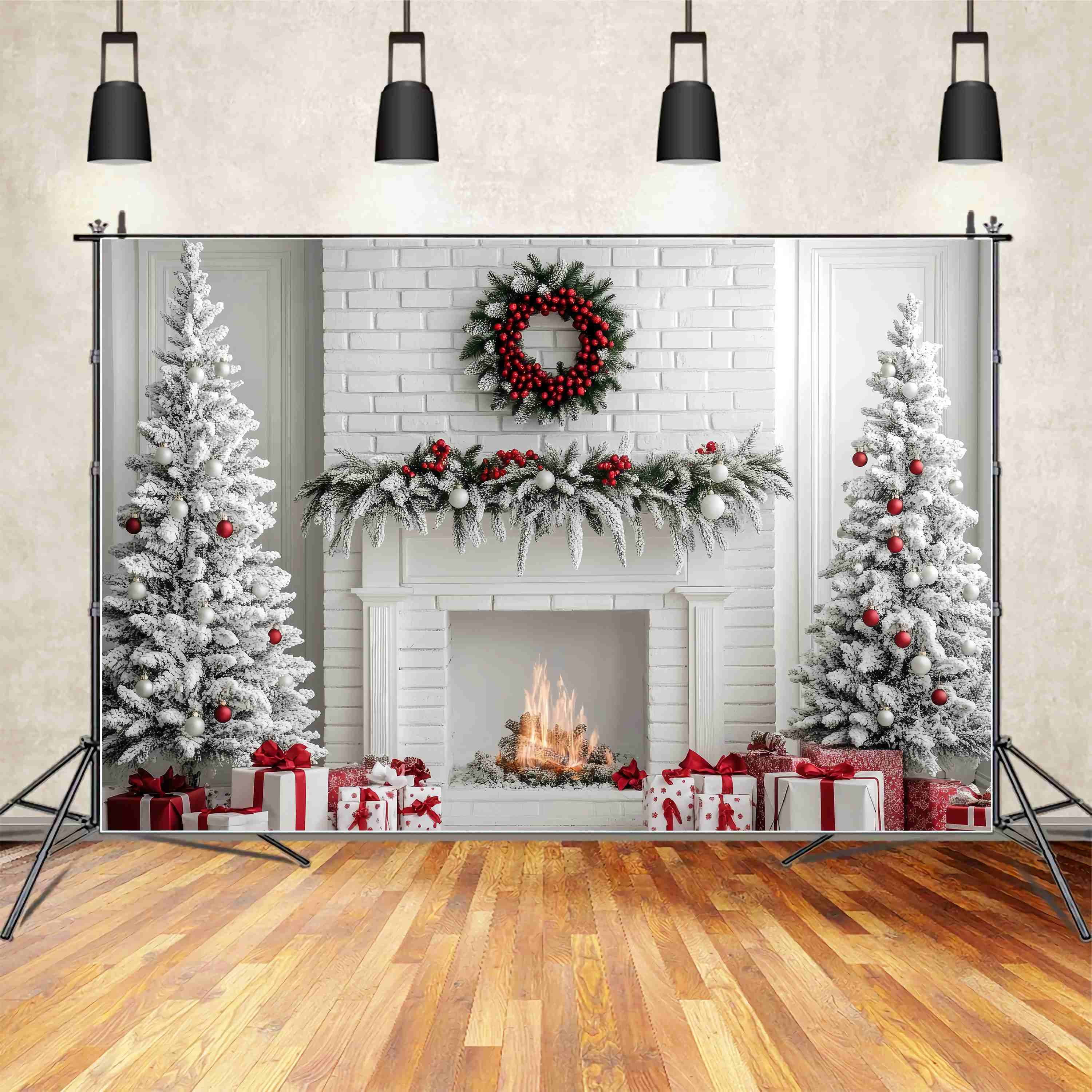 Christmas Fireplace Backdrop White Brick Fireplace Snow Trees Christmas Backdrop for Photos UK TWW58-63