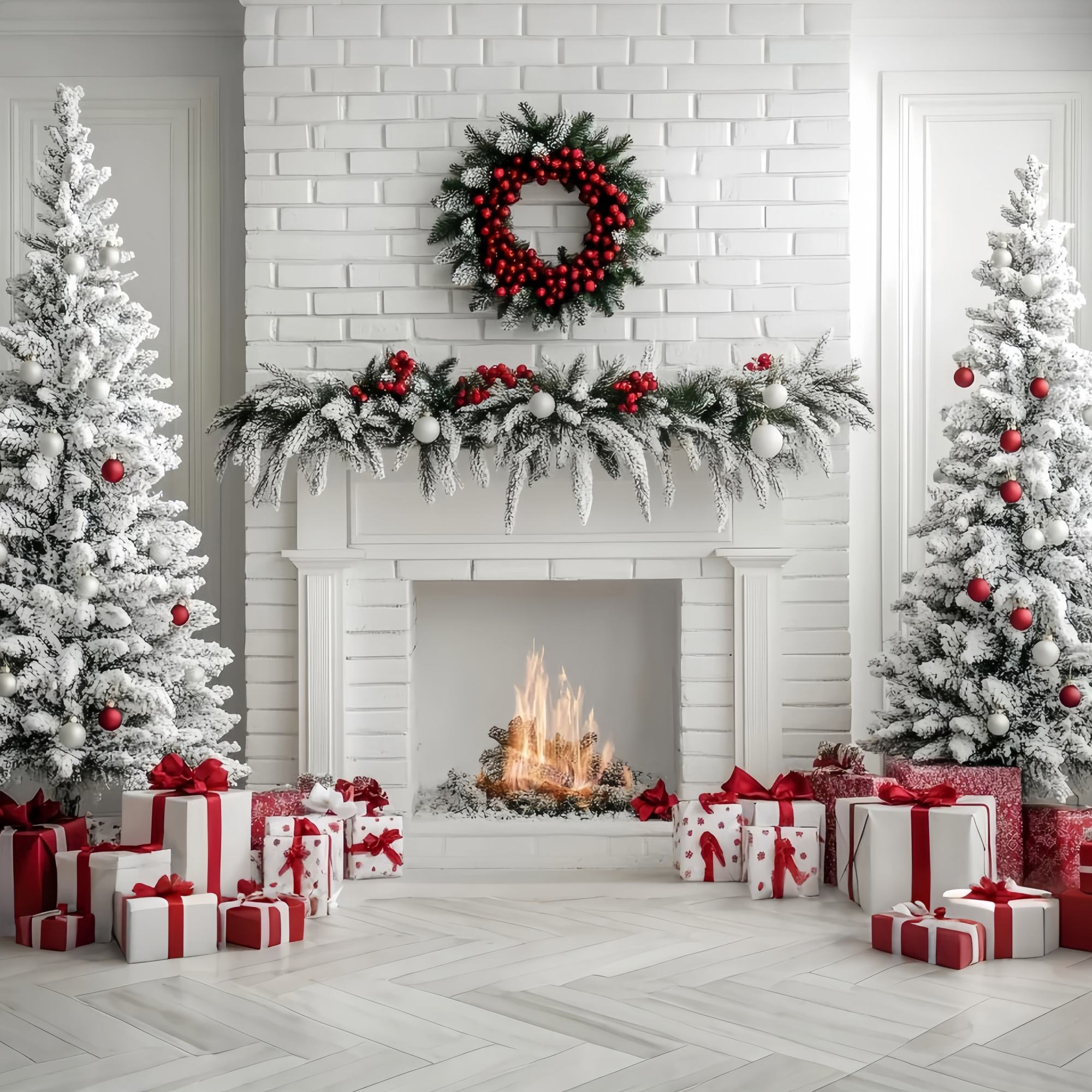 Christmas Fireplace Backdrop White Brick Fireplace Snow Trees Christmas Backdrop for Photos UK TWW58-63