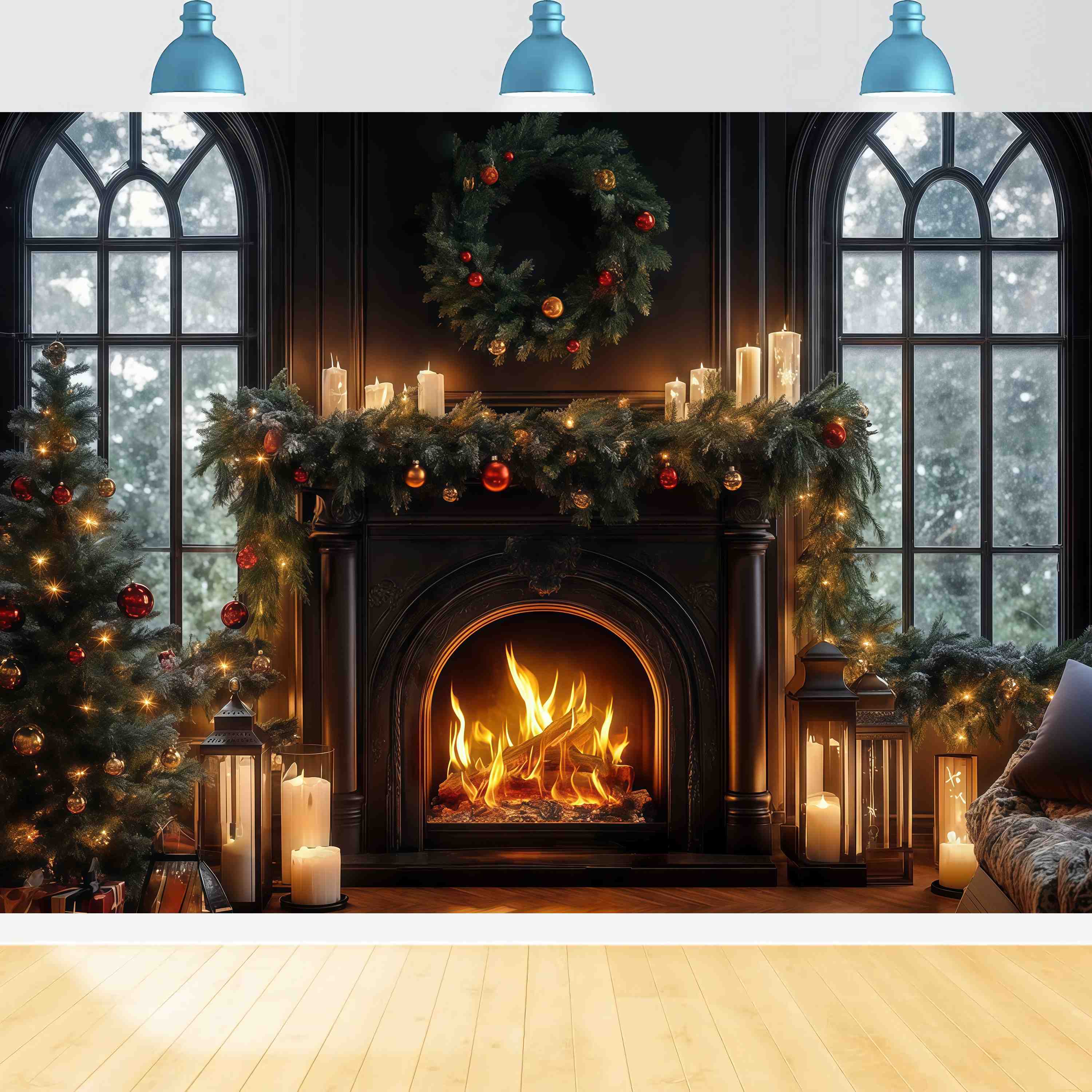 Christmas Fireplace Backdrop Candlelit Black Fireplace Wreath Christmas Backdrop Photography UK TWW58-64