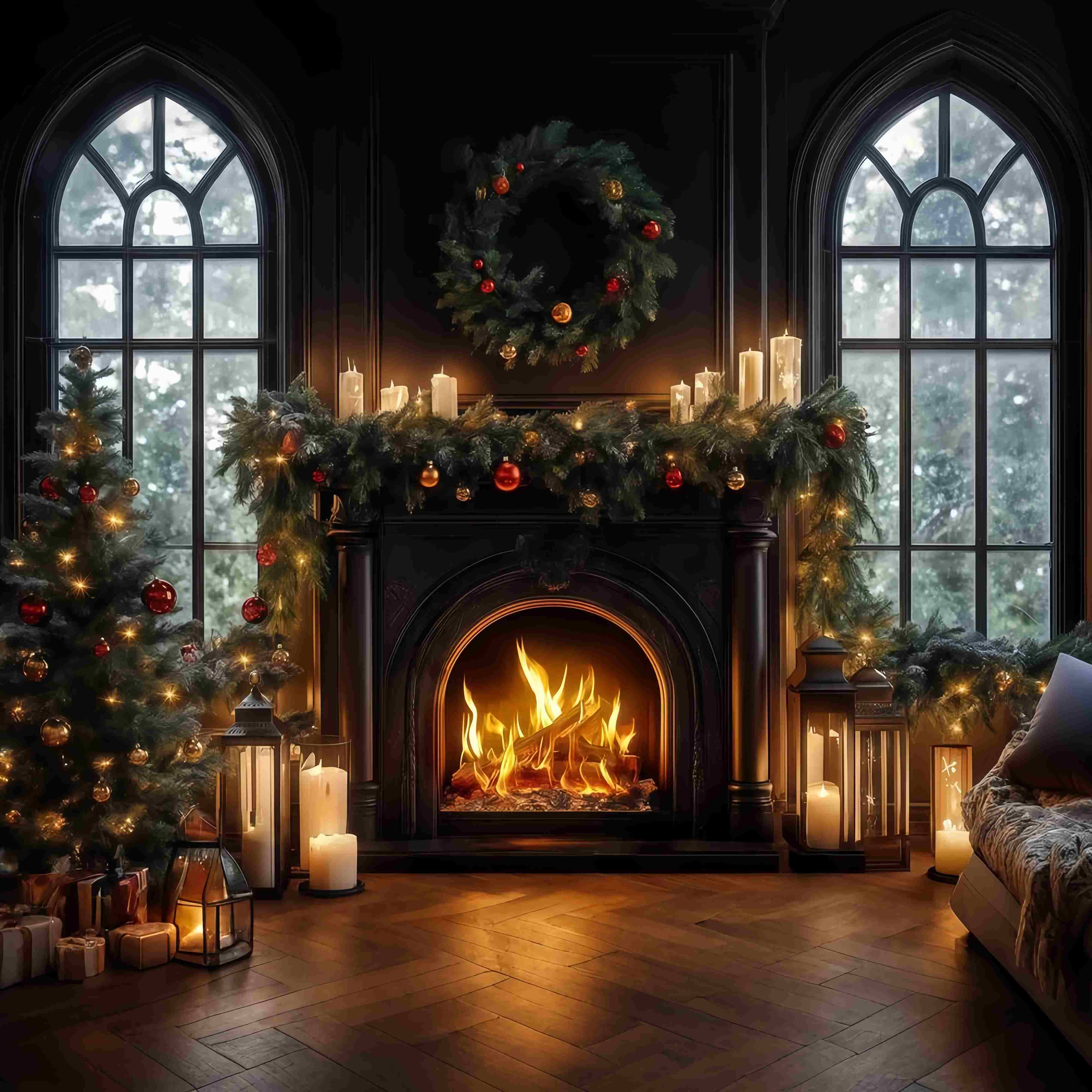 Christmas Fireplace Backdrop Candlelit Black Fireplace Wreath Christmas Backdrop Photography UK TWW58-64