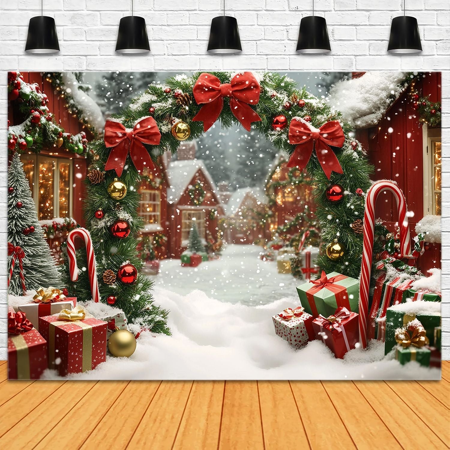Christmas Village Backdrop Snowy Village Archway Gifts Garland Christmas Backdrop UK TWW58-65