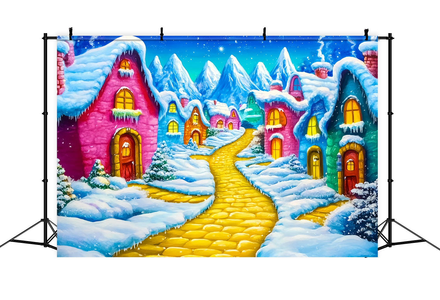 Christmas Village Backdrop Golden Path Snowy Colorful Cottages Christmas Photo Backdrop UK TWW58-67