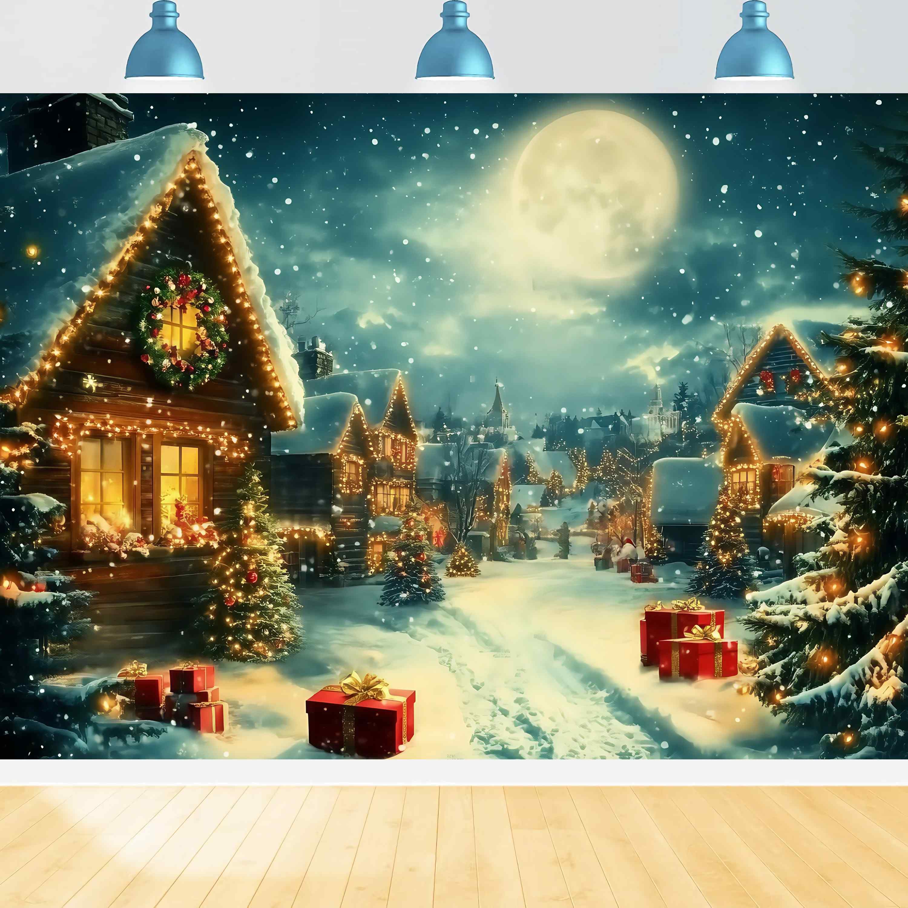 Christmas Village Backdrop Moonlit Village Snow Lights Gifts Christmas Backdrops UK TWW58-68