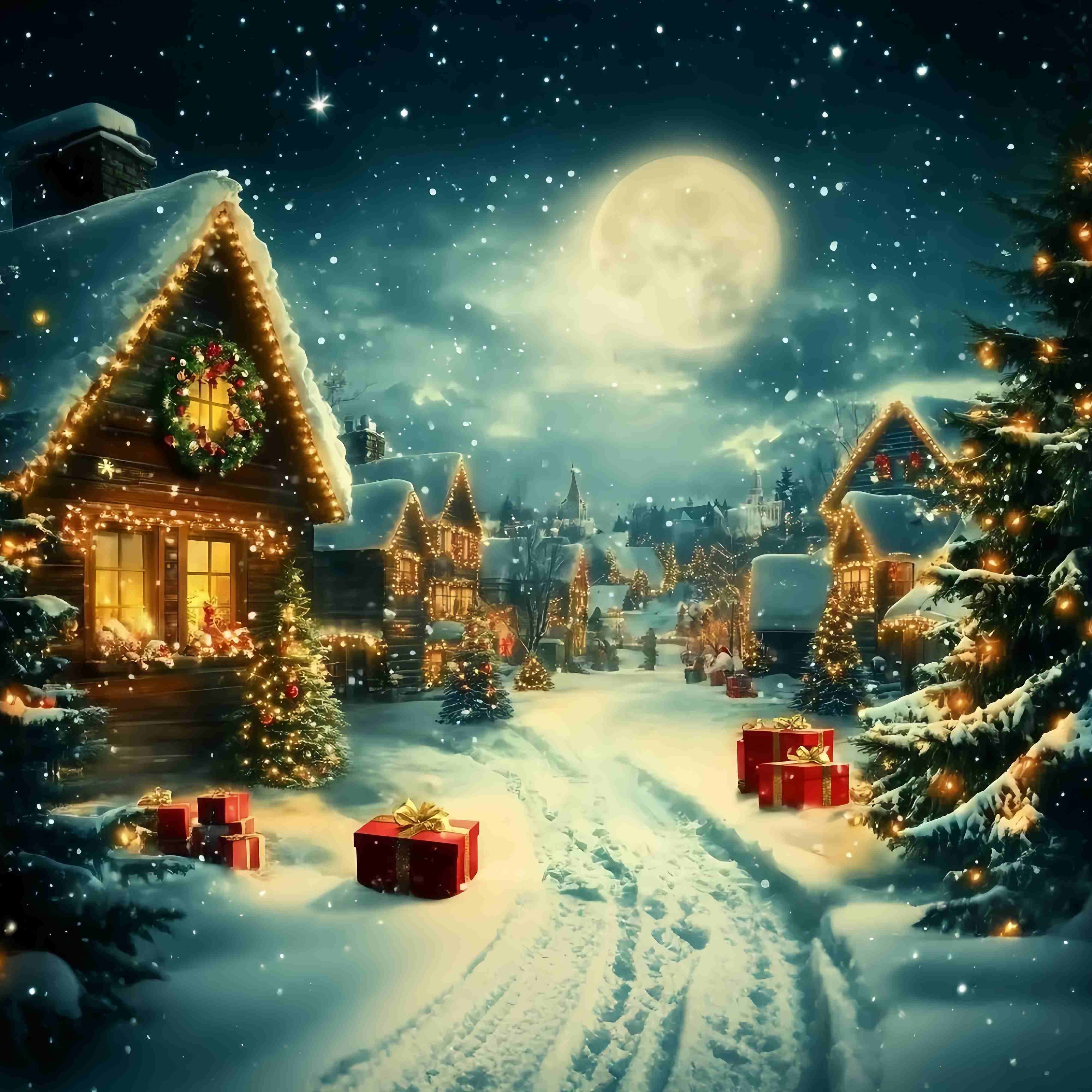 Christmas Village Backdrop Moonlit Village Snow Lights Gifts Christmas Backdrops UK TWW58-68