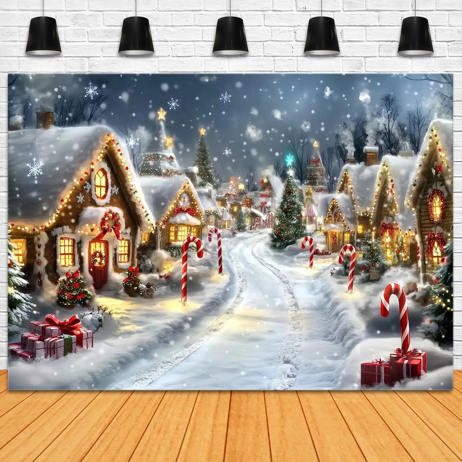 Candyland Christmas Backdrop Gingerbread Cottage Snowy Candy Cane Lane Christmas Backdrops Sale UK TWW58-69
