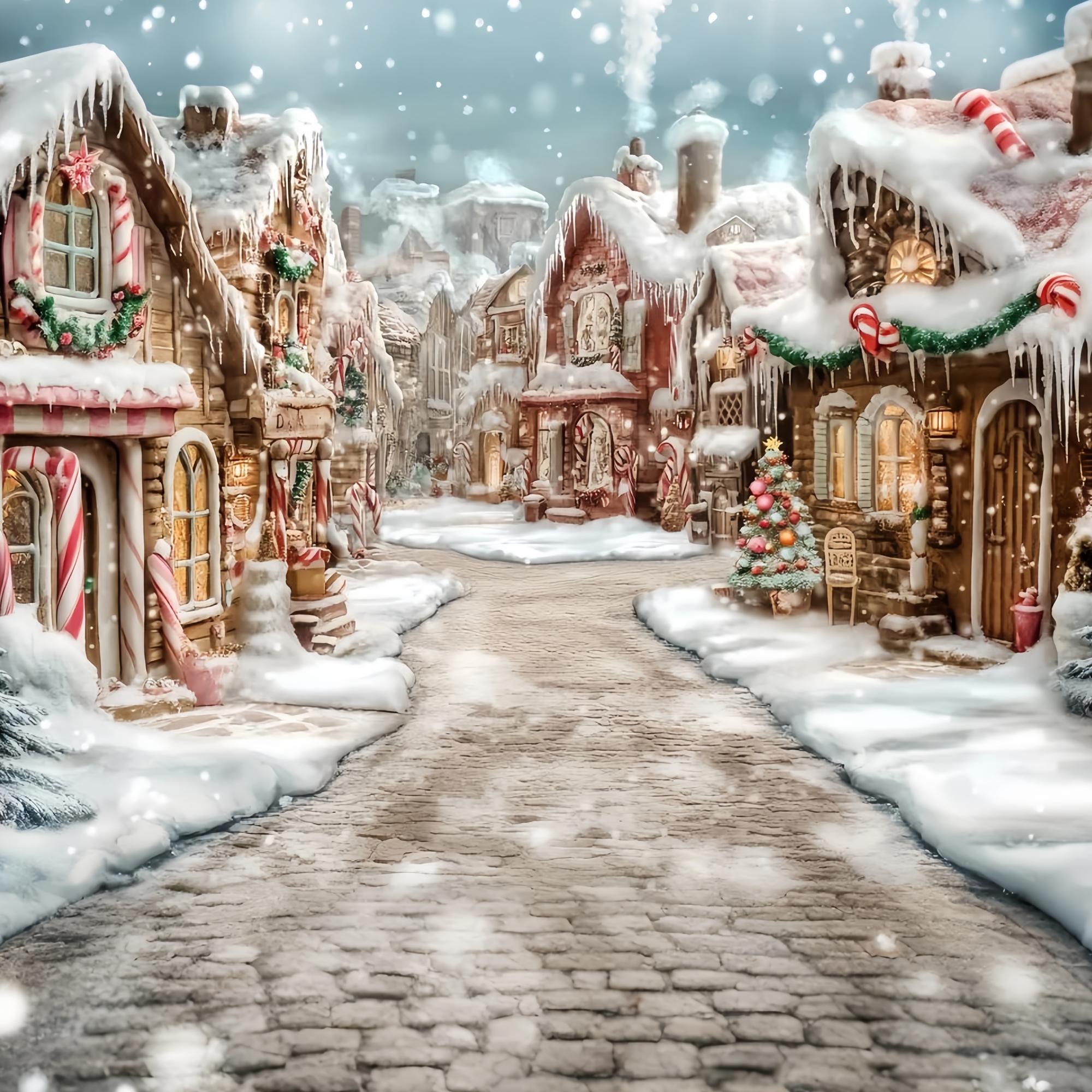 Candyland Christmas Backdrop Frosted Gingerbread Village Candy Cane Path Christmas Photo Backdrop UK TWW58-70