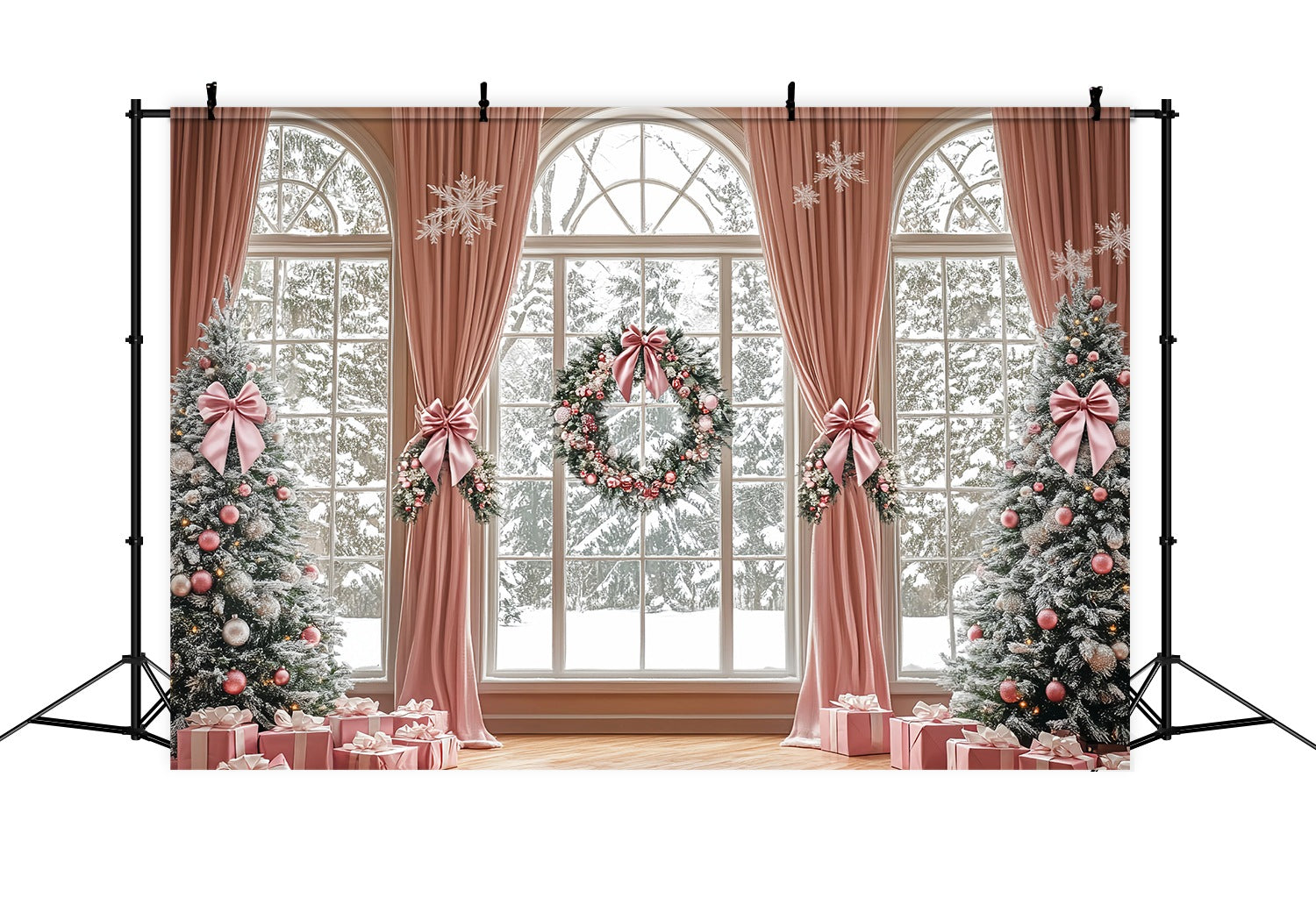 Pink Christmas Backdrop Elegant Pink Curtain Winter Wonderland Christmas Backdrop for Photos UK TWW58-73
