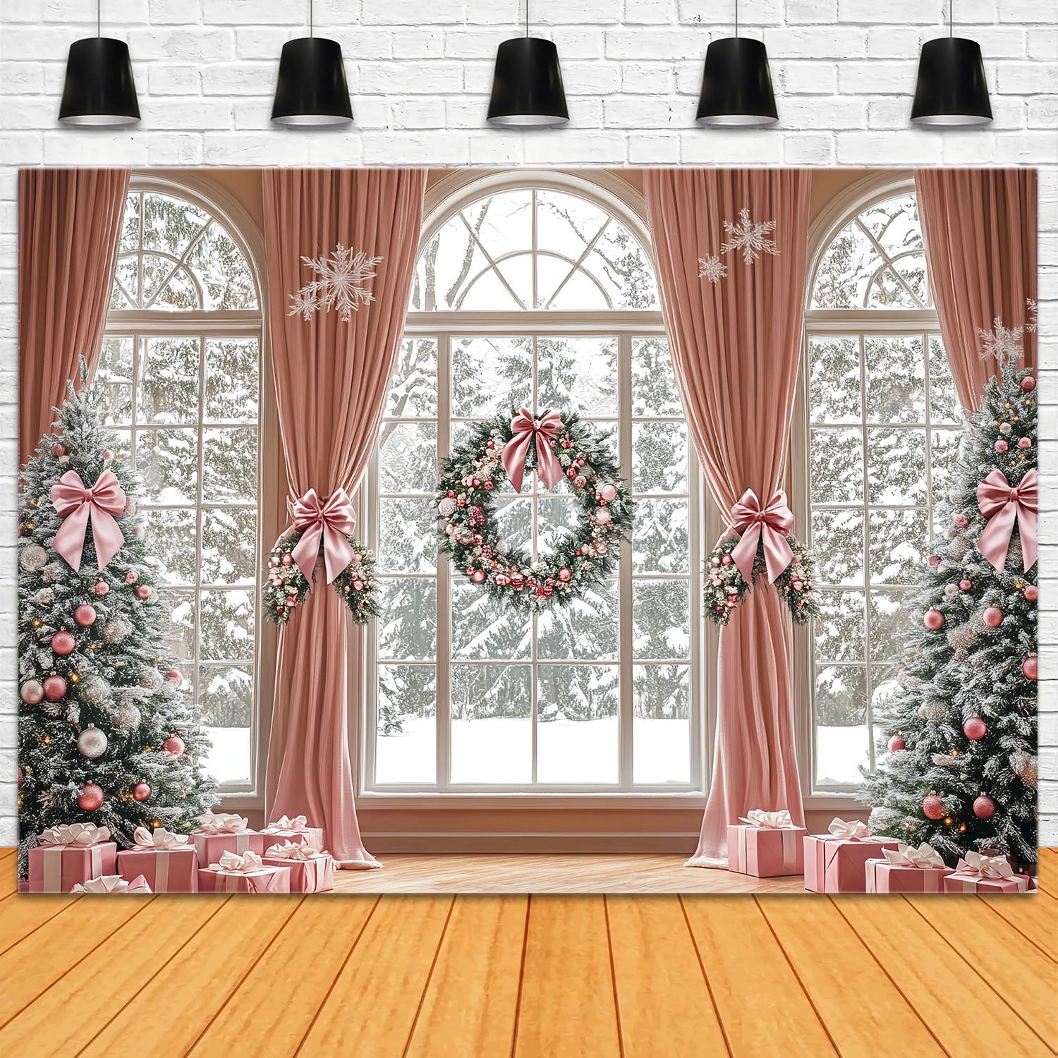 Pink Christmas Backdrop Elegant Pink Curtain Winter Wonderland Christmas Backdrop for Photos UK TWW58-73