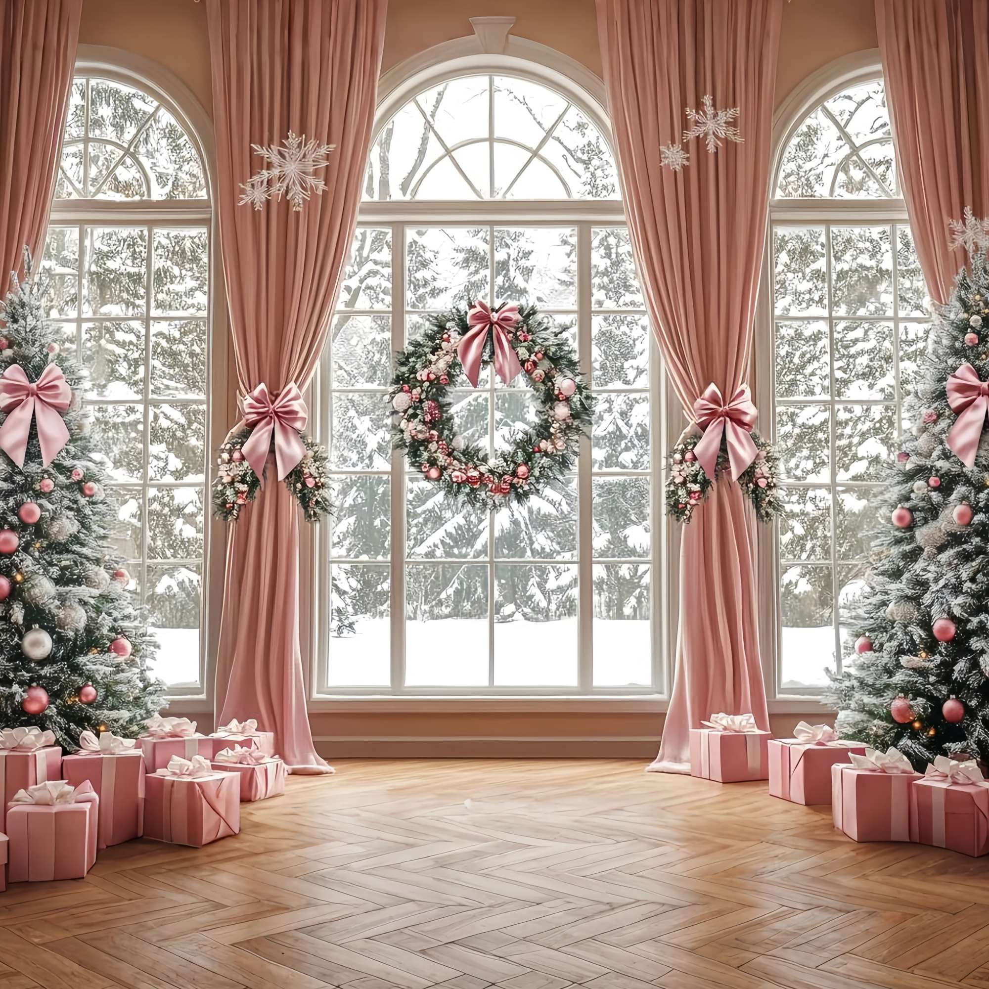 Pink Christmas Backdrop Elegant Pink Curtain Winter Wonderland Christmas Backdrop for Photos UK TWW58-73