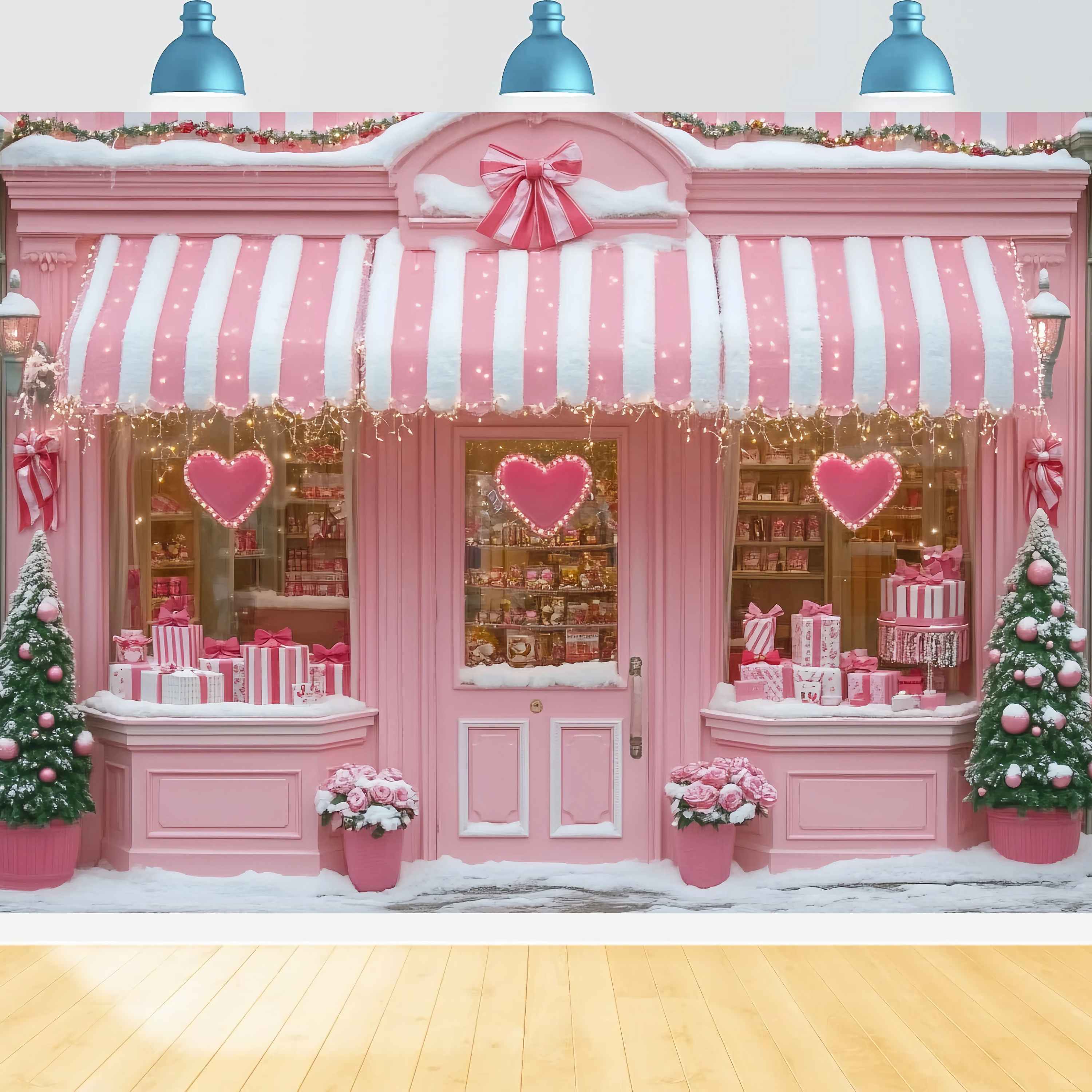 Pink Christmas Backdrop Pink Heart Candy Shop Holiday Charm Christmas Backdrops Sale UK TWW58-76