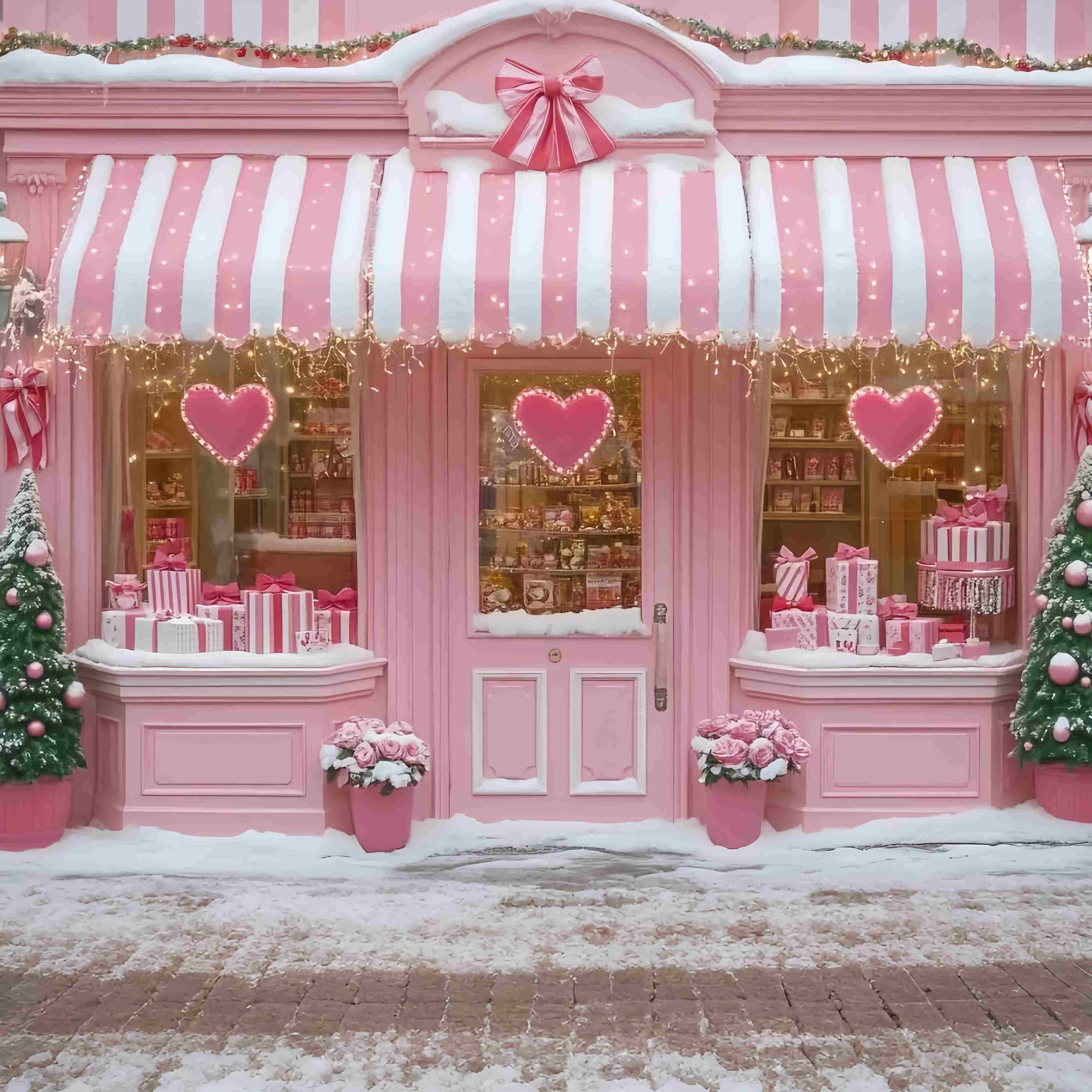 Pink Christmas Backdrop Pink Heart Candy Shop Holiday Charm Christmas Backdrops Sale UK TWW58-76