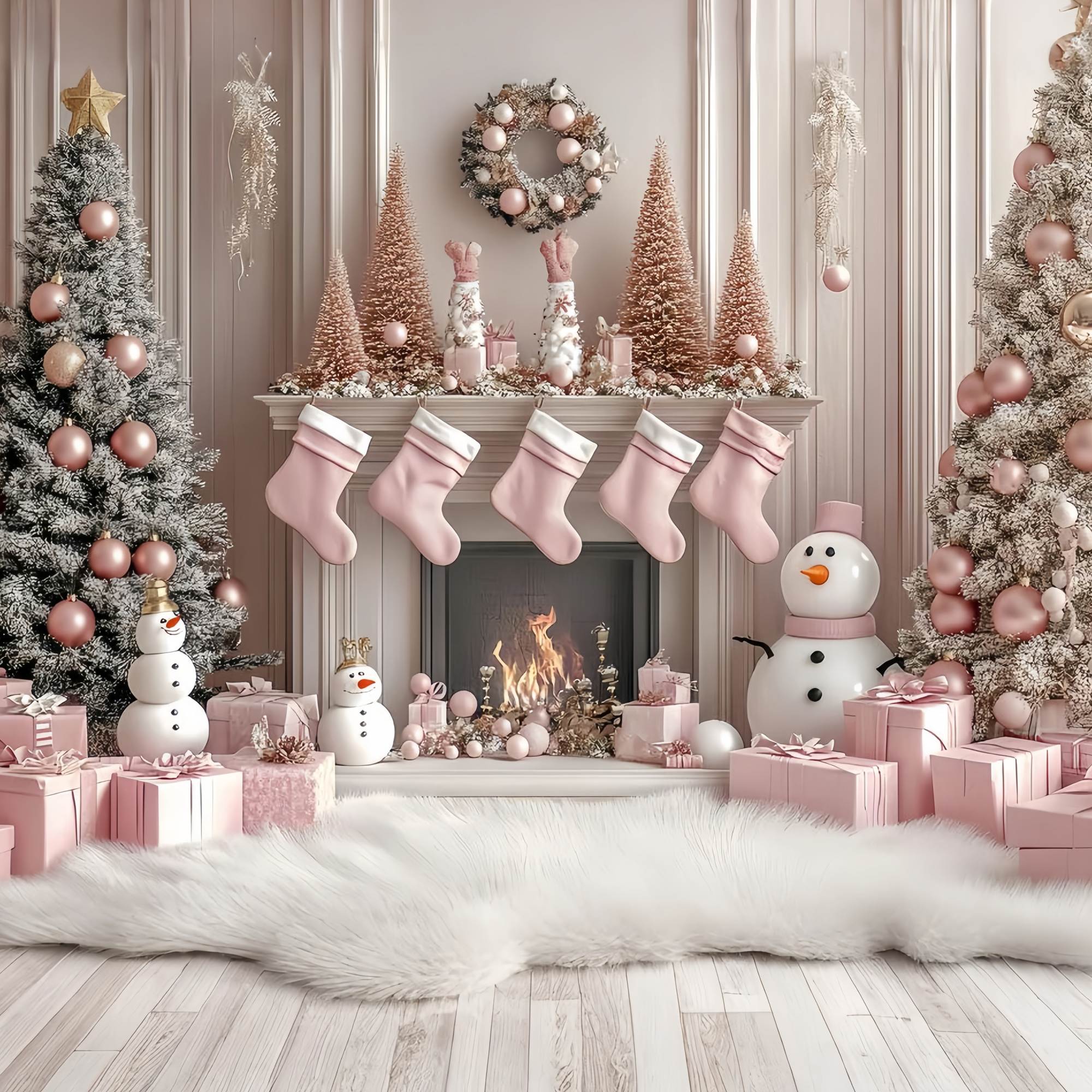 Pink Christmas Backdrop Pink Snowman Fireplace Stocking Wonderland Christmas Backdrop Ideas UK TWW58-77