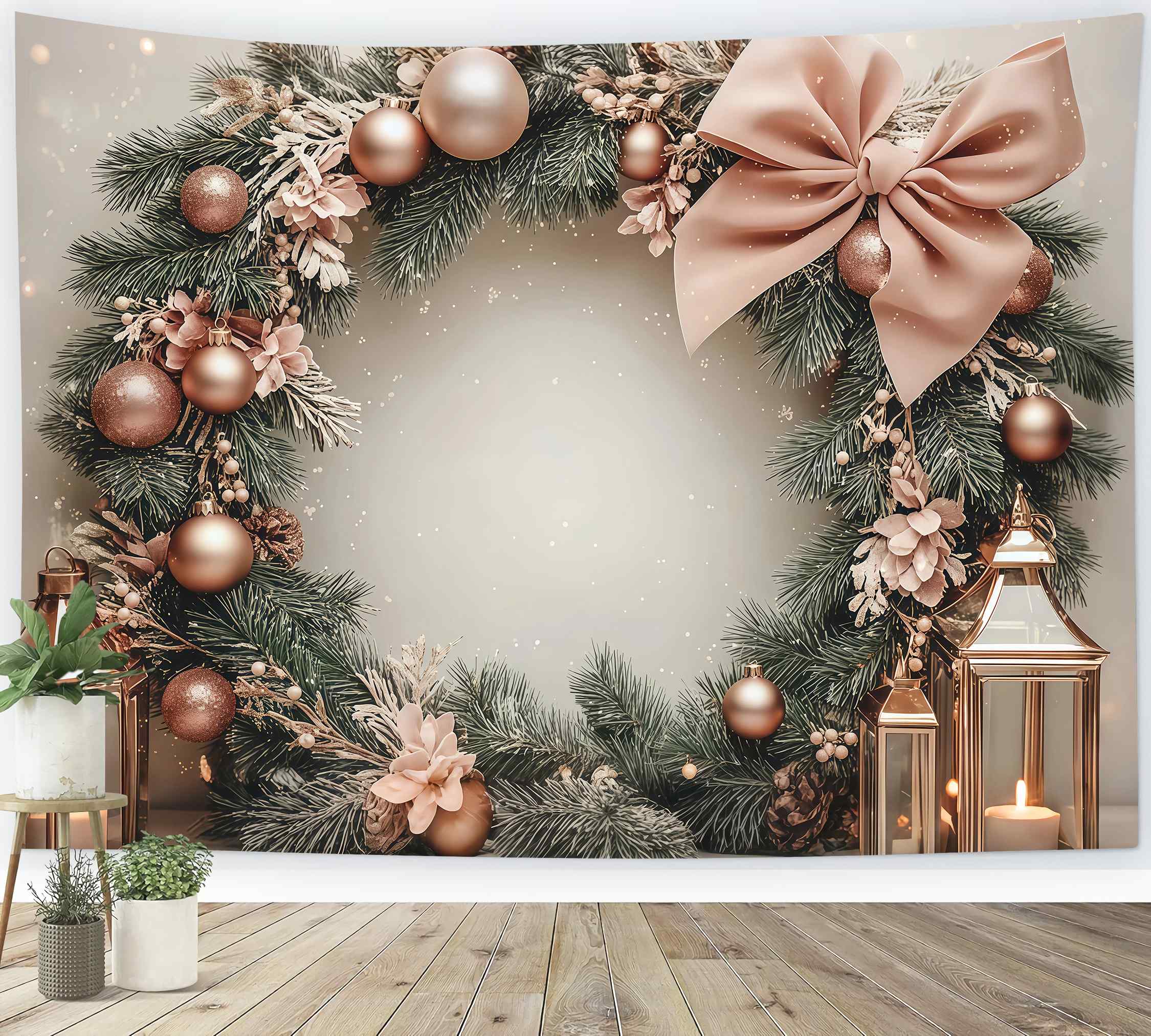 Pink Christmas Backdrop Blush Bauble Pine Wreath Lantern Glow Christmas Photography Backdrops UK TWW58-78