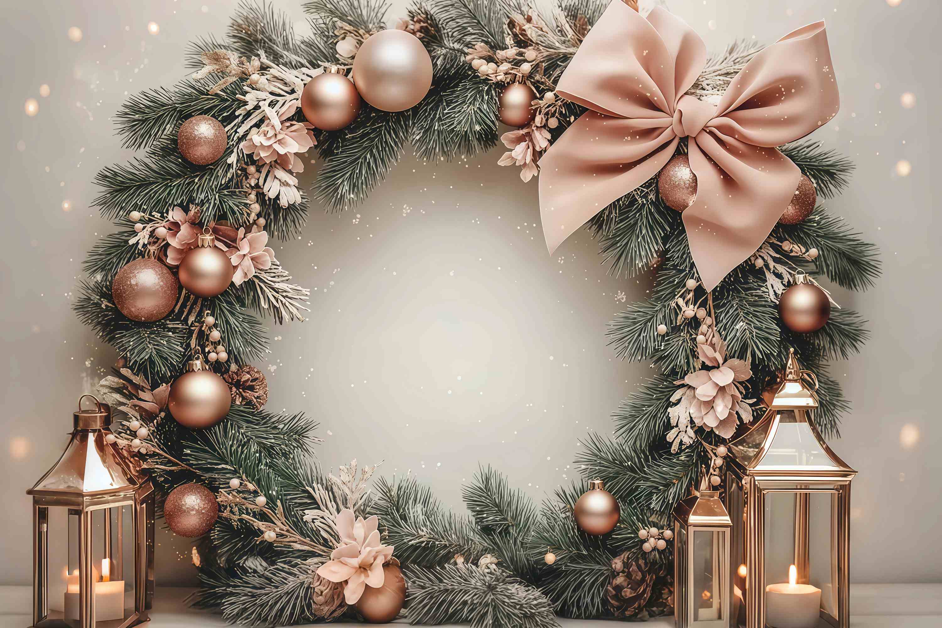 Pink Christmas Backdrop Blush Bauble Pine Wreath Lantern Glow Christmas Photography Backdrops UK TWW58-78