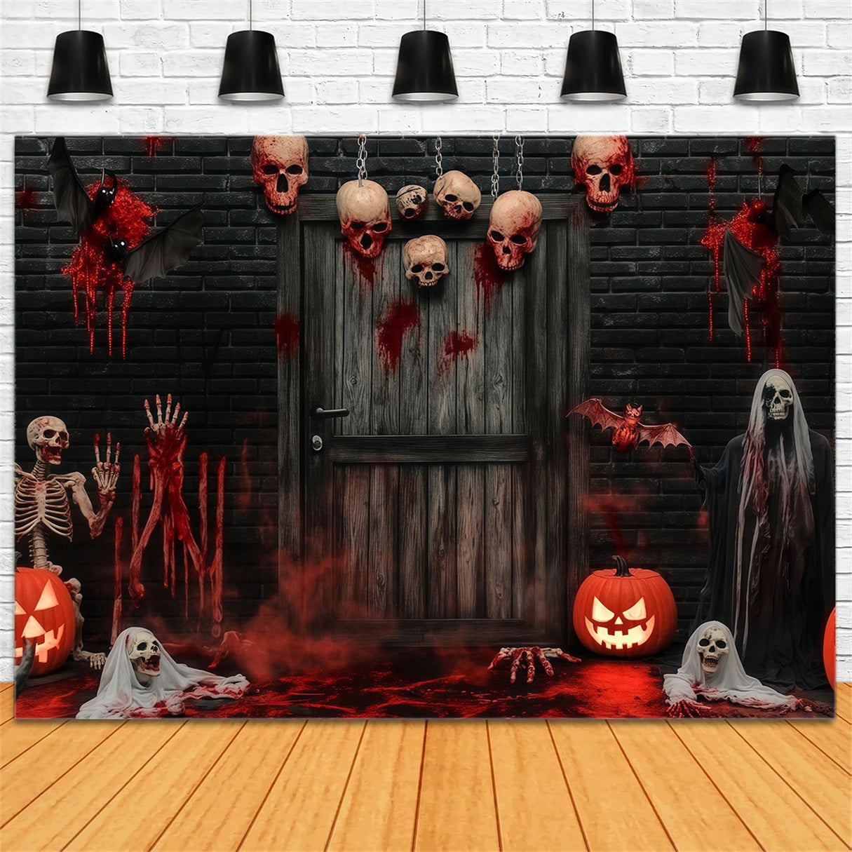 Garage Door Halloween Backdrop Bloody Skulls and Skeletons at Haunted Door Scary Halloween Backdrops UK TWW58-8