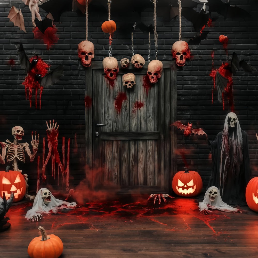 Garage Door Halloween Backdrop Bloody Skulls and Skeletons at Haunted Door Scary Halloween Backdrops UK TWW58-8