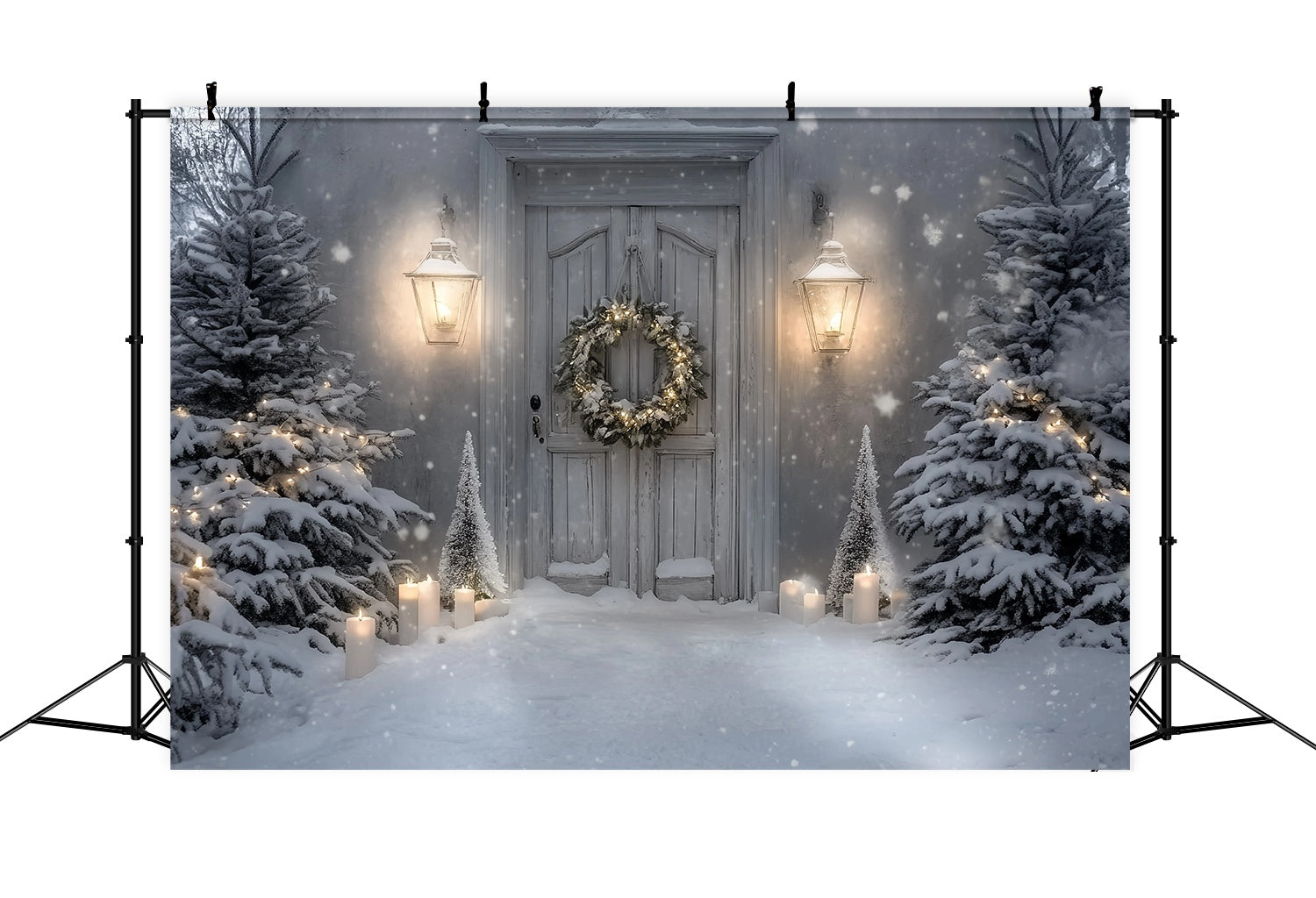 White Christmas Backdrop Snowy Porch Lantern Candle Glow Christmas Photo Backdrop UK TWW58-82