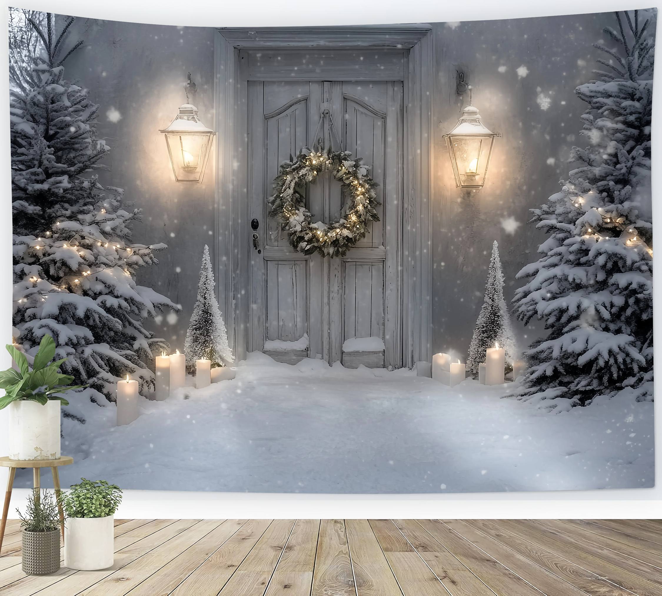 White Christmas Backdrop Snowy Porch Lantern Candle Glow Christmas Photo Backdrop UK TWW58-82