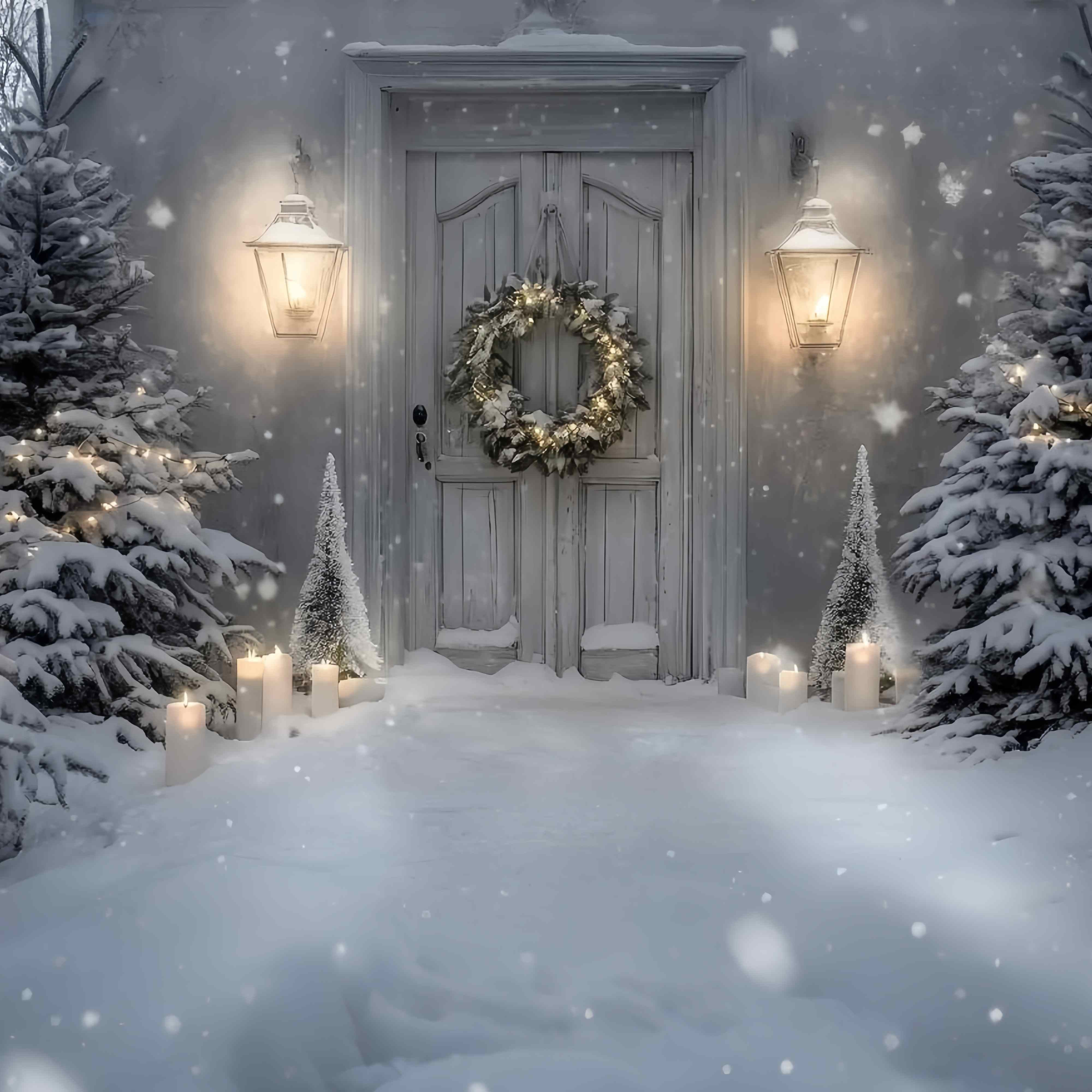 White Christmas Backdrop Snowy Porch Lantern Candle Glow Christmas Photo Backdrop UK TWW58-82