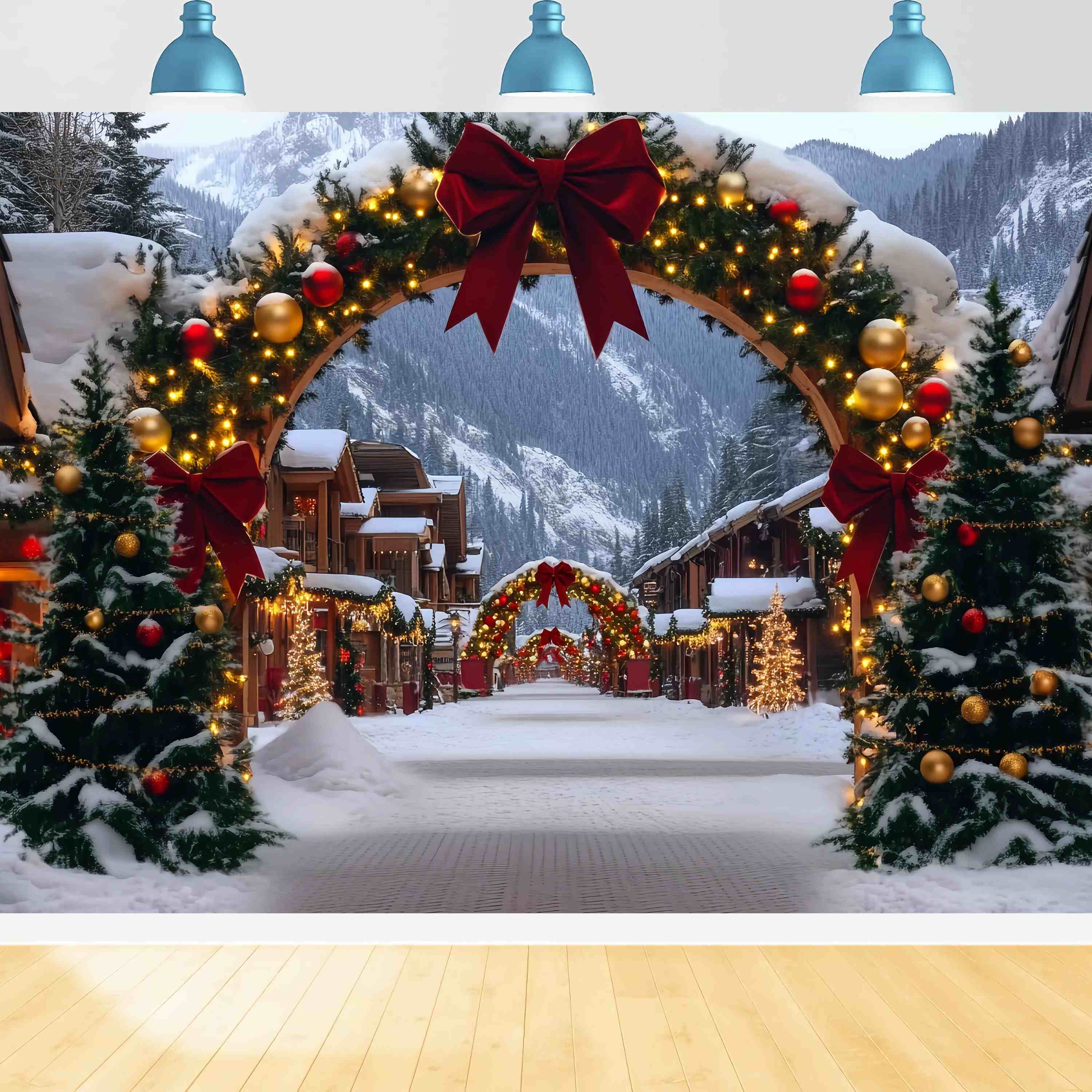 Christmas Village Backdrop Alpine Village Red Gold Archway Christmas Photo Backdrops UK TWW58-84