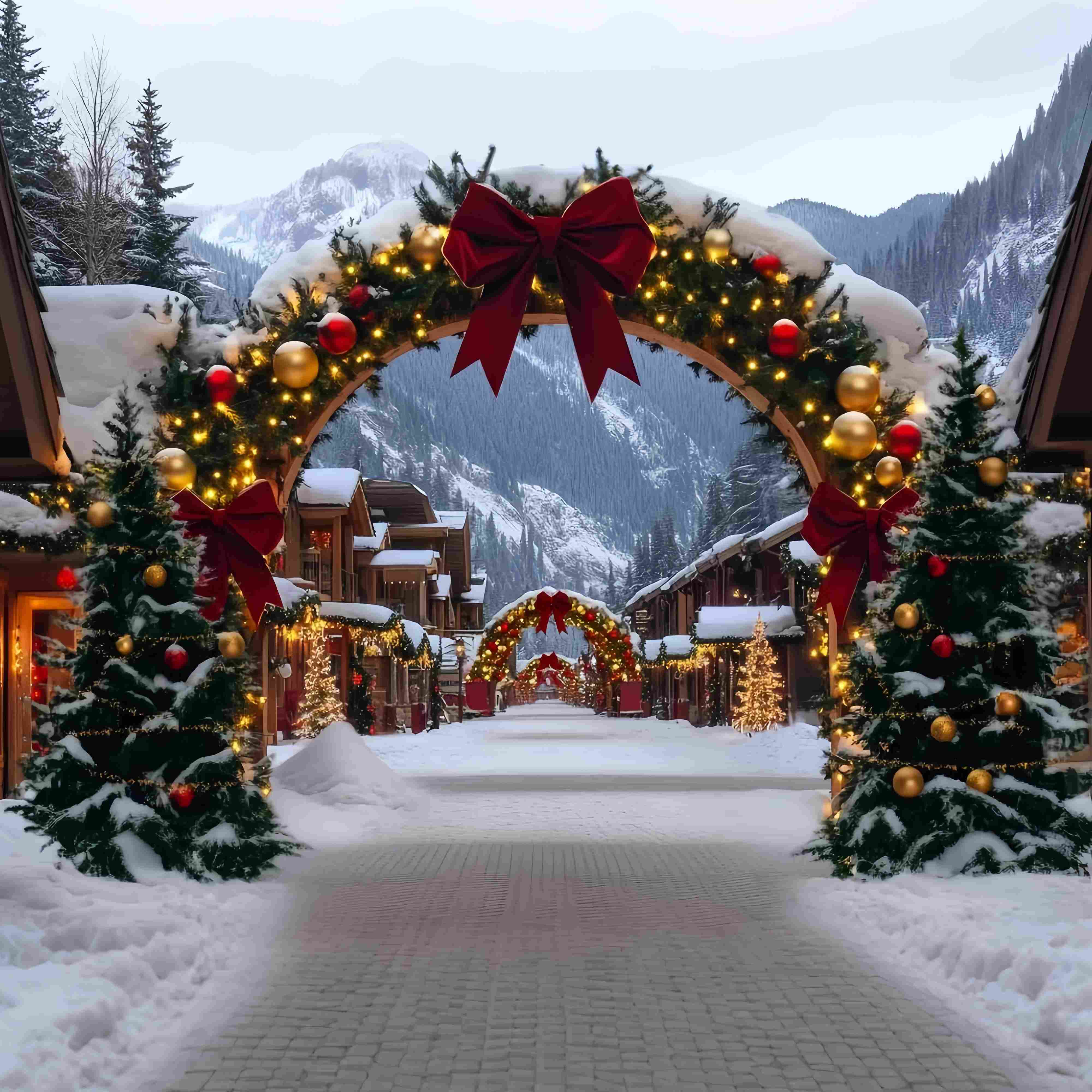 Christmas Village Backdrop Alpine Village Red Gold Archway Christmas Photo Backdrops UK TWW58-84