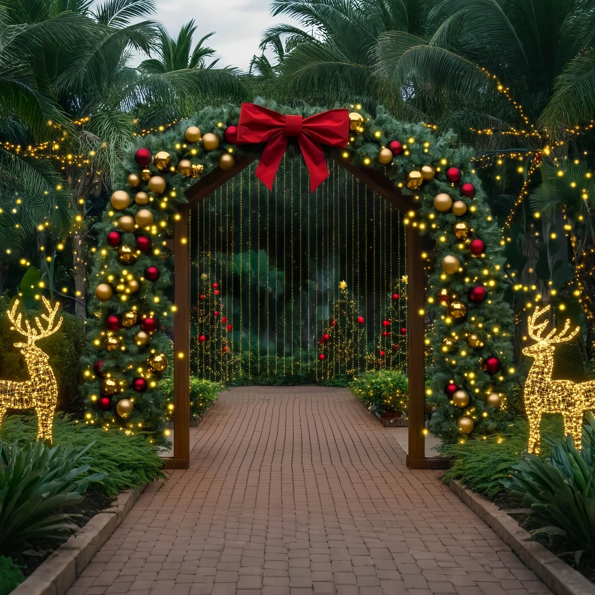 Christmas Tree Farm Backdrop Golden Archway Reindeer Light Display Christmas Backdrop for Photos UK TWW58-85