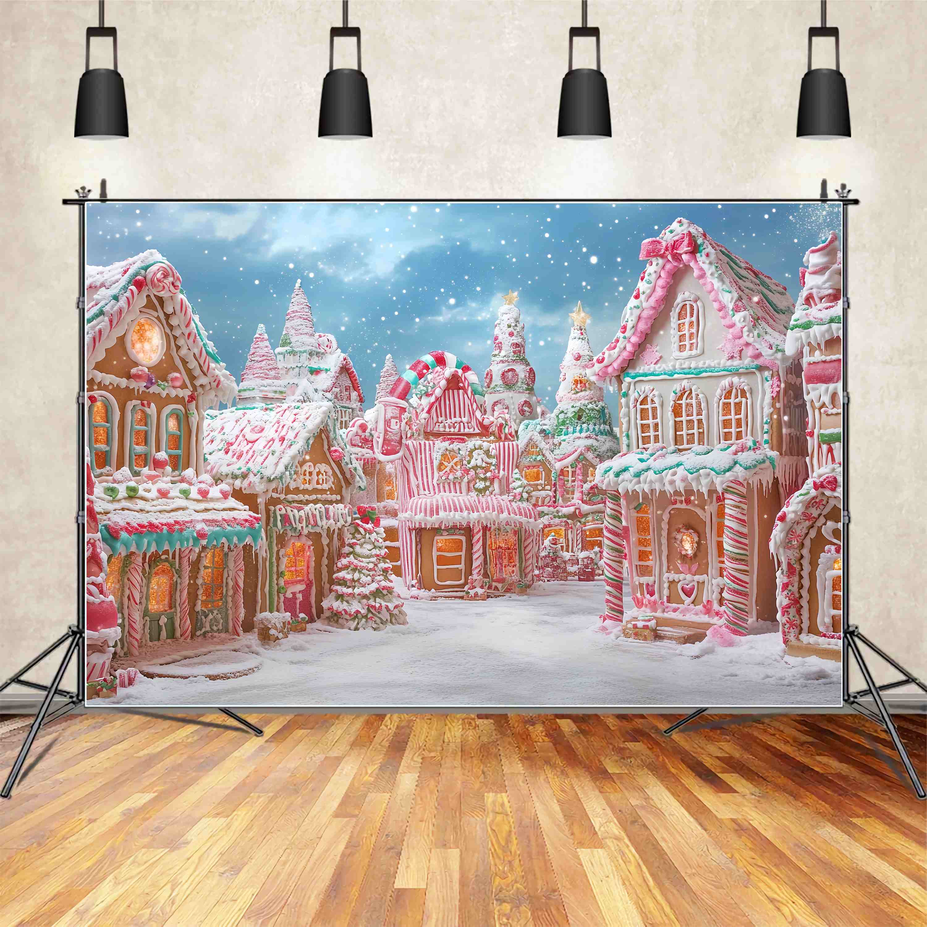 Candyland Christmas Backdrop Candy Cane Gingerbread Village Wonderland Christmas Backdrops for Photos UK TWW58-87