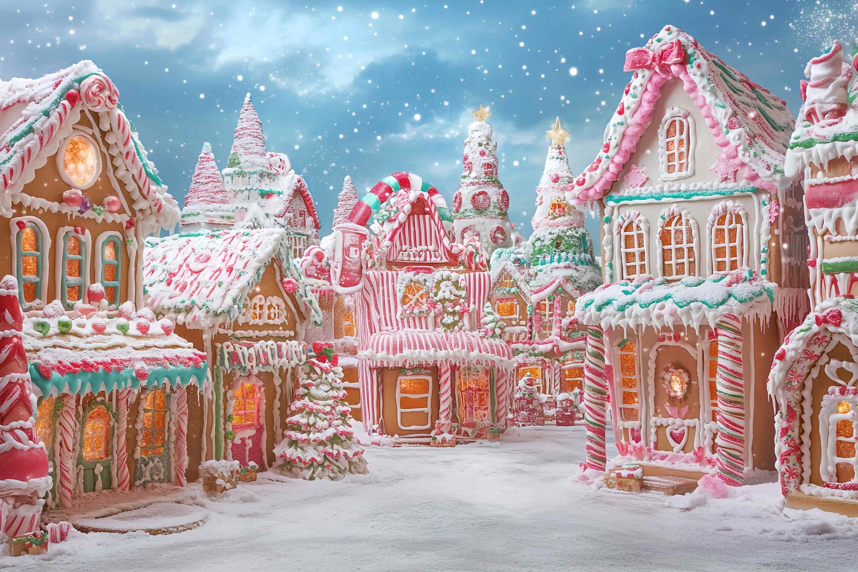 Candyland Christmas Backdrop Candy Cane Gingerbread Village Wonderland Christmas Backdrops for Photos UK TWW58-87