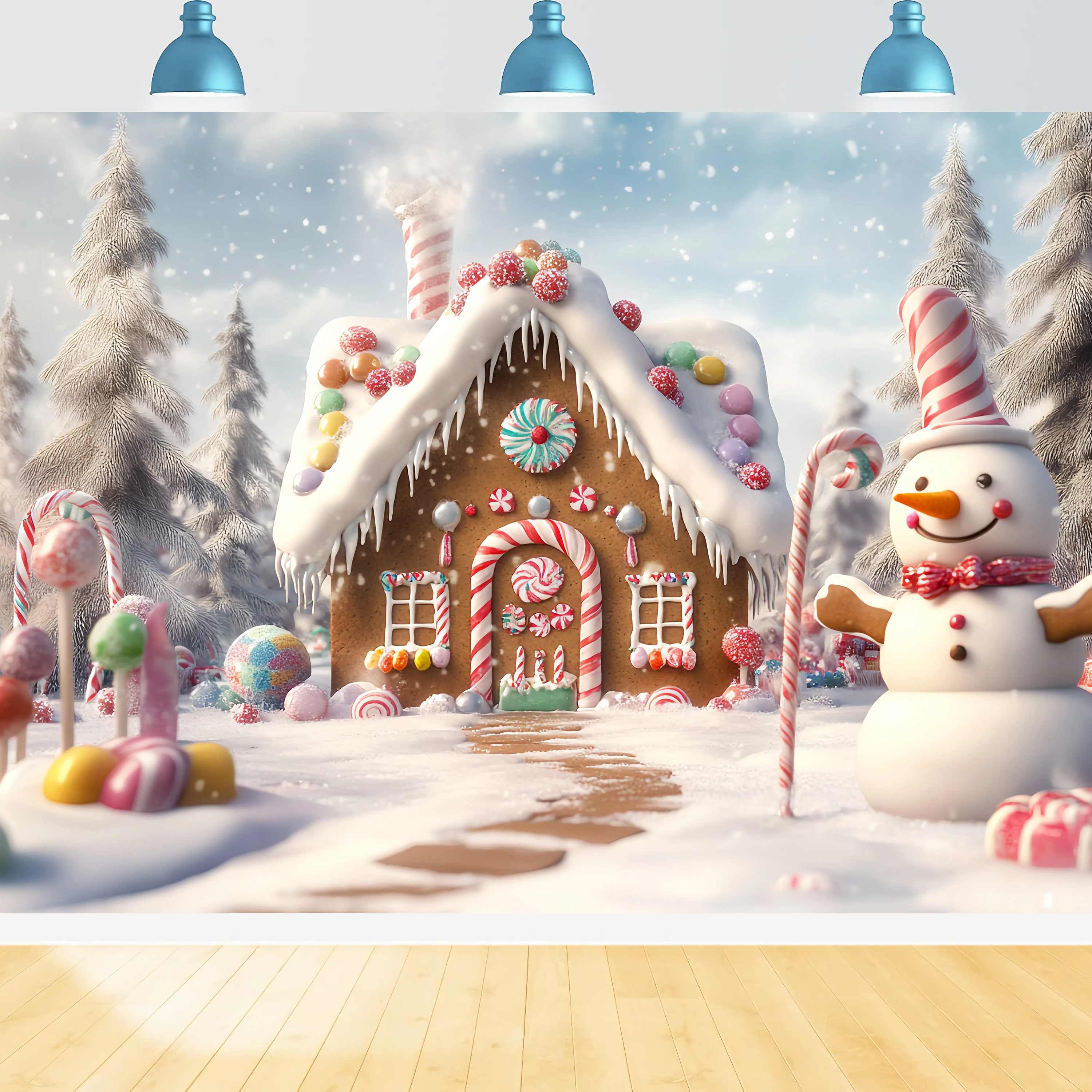 Candyland Christmas Backdrop Gingerbread House Snowman Candy Garden Christmas Backdrops 10x10 UK TWW58-88