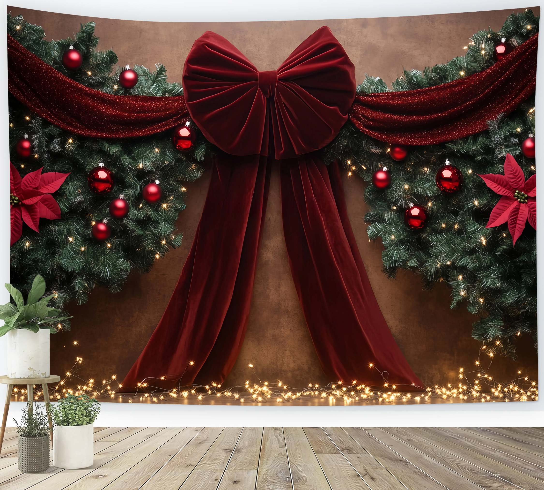 Red Christmas Backdrop Velvet Bow Garland Poinsettia Decor Christmas Backdrops for Photos UK TWW58-90