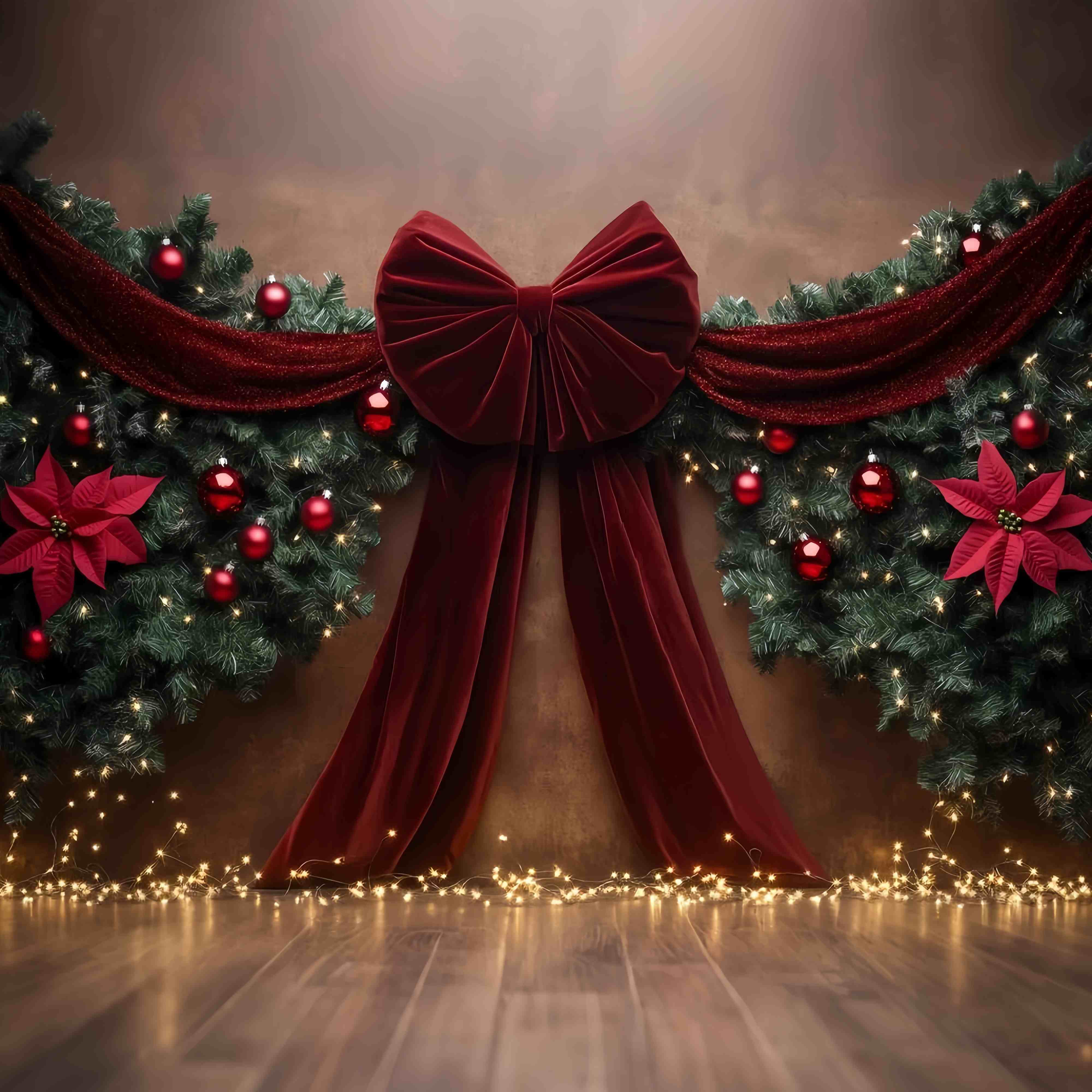 Red Christmas Backdrop Velvet Bow Garland Poinsettia Decor Christmas Backdrops for Photos UK TWW58-90