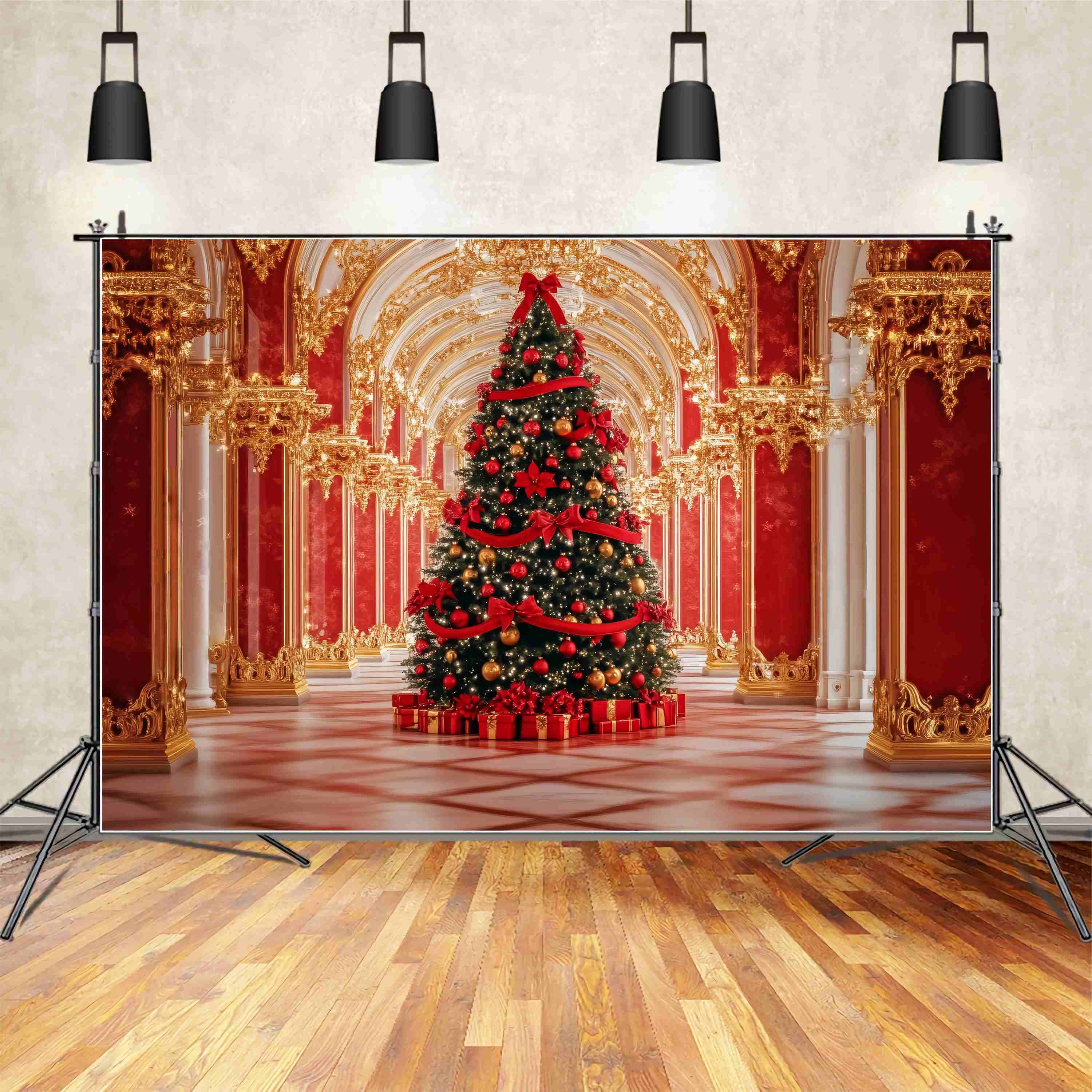 Red Christmas Backdrop Opulent Palace Christmas Tree Display Christmas Backdrops 10x10 UK TWW58-91