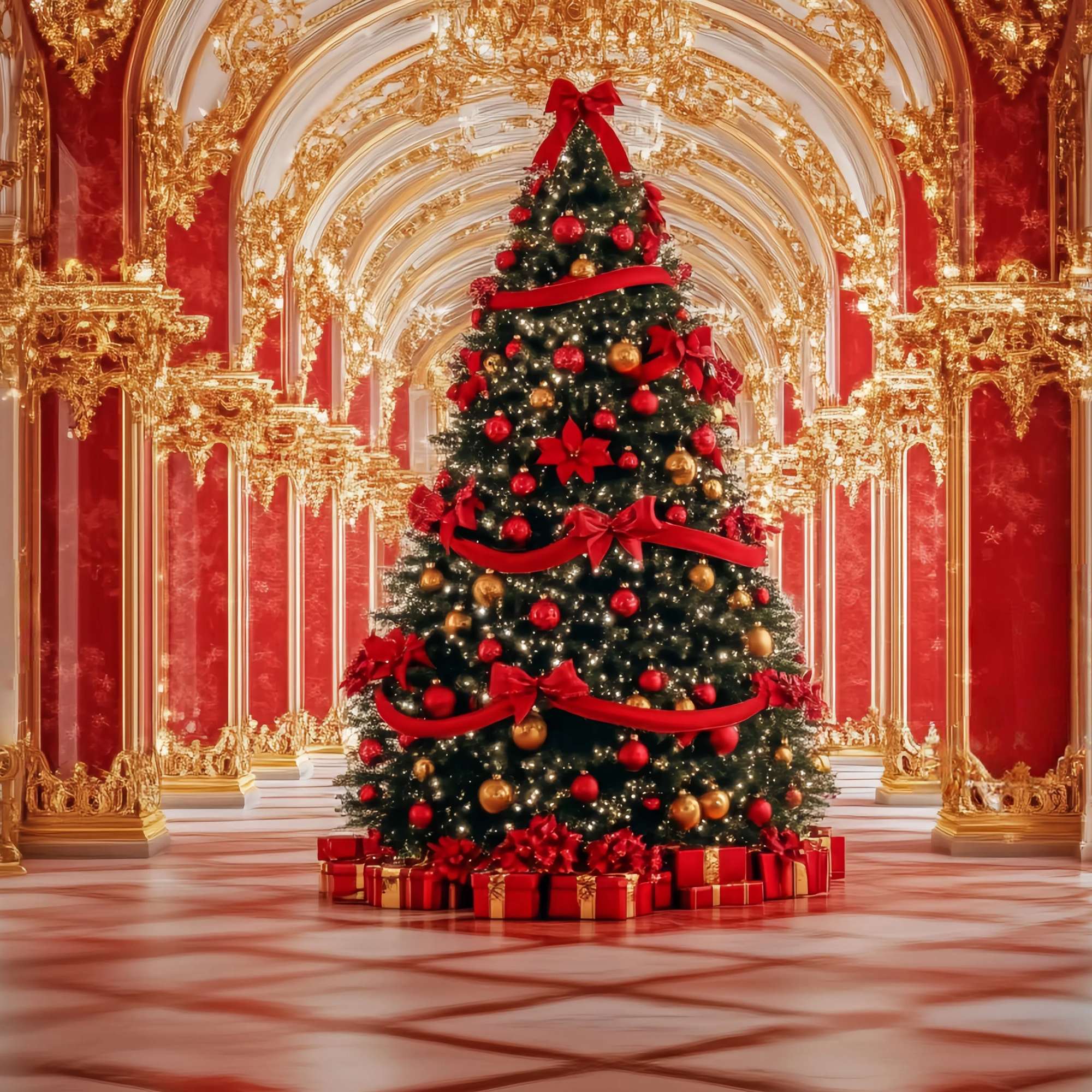 Red Christmas Backdrop Opulent Palace Christmas Tree Display Christmas Backdrops 10x10 UK TWW58-91