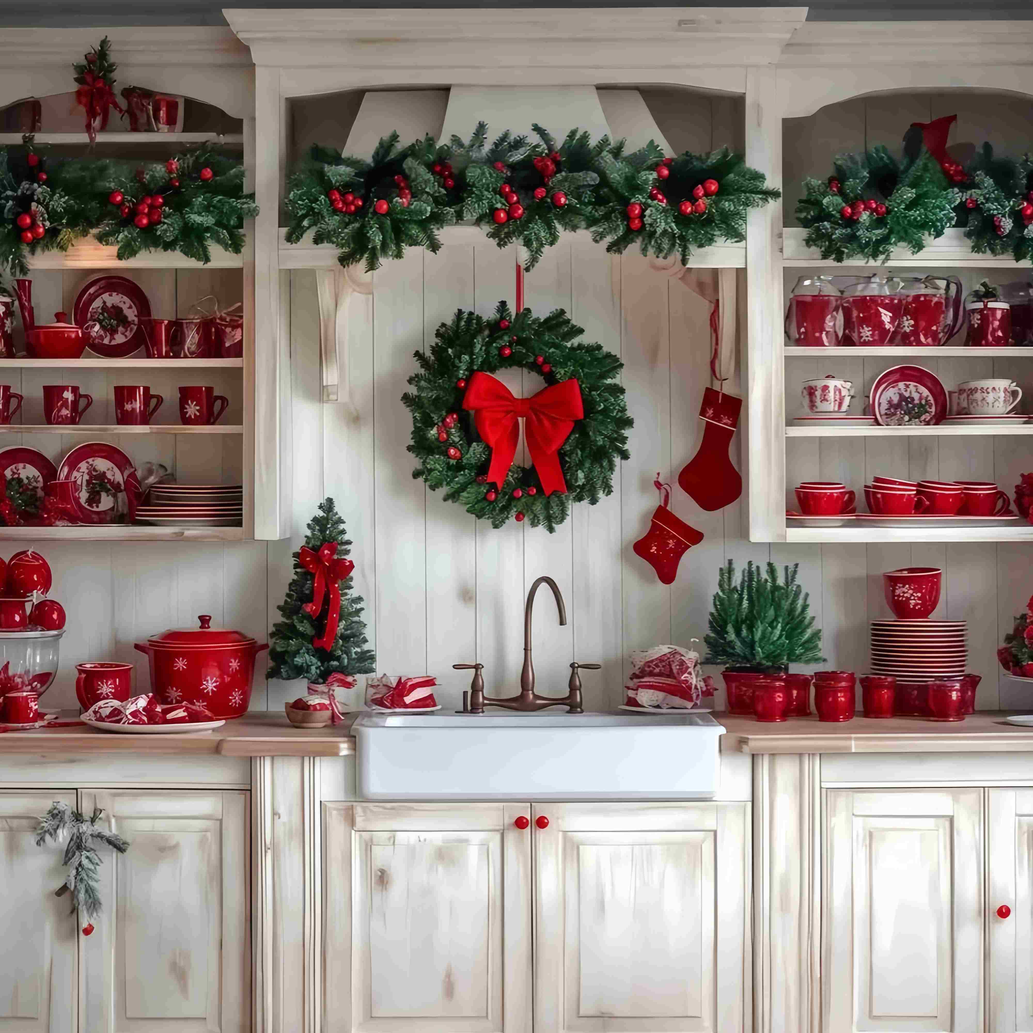 Christmas Kitchen Backdrop Festive Kitchen Wreath Red Tableware Christmas Backdrops for Photography UK TWW58-92