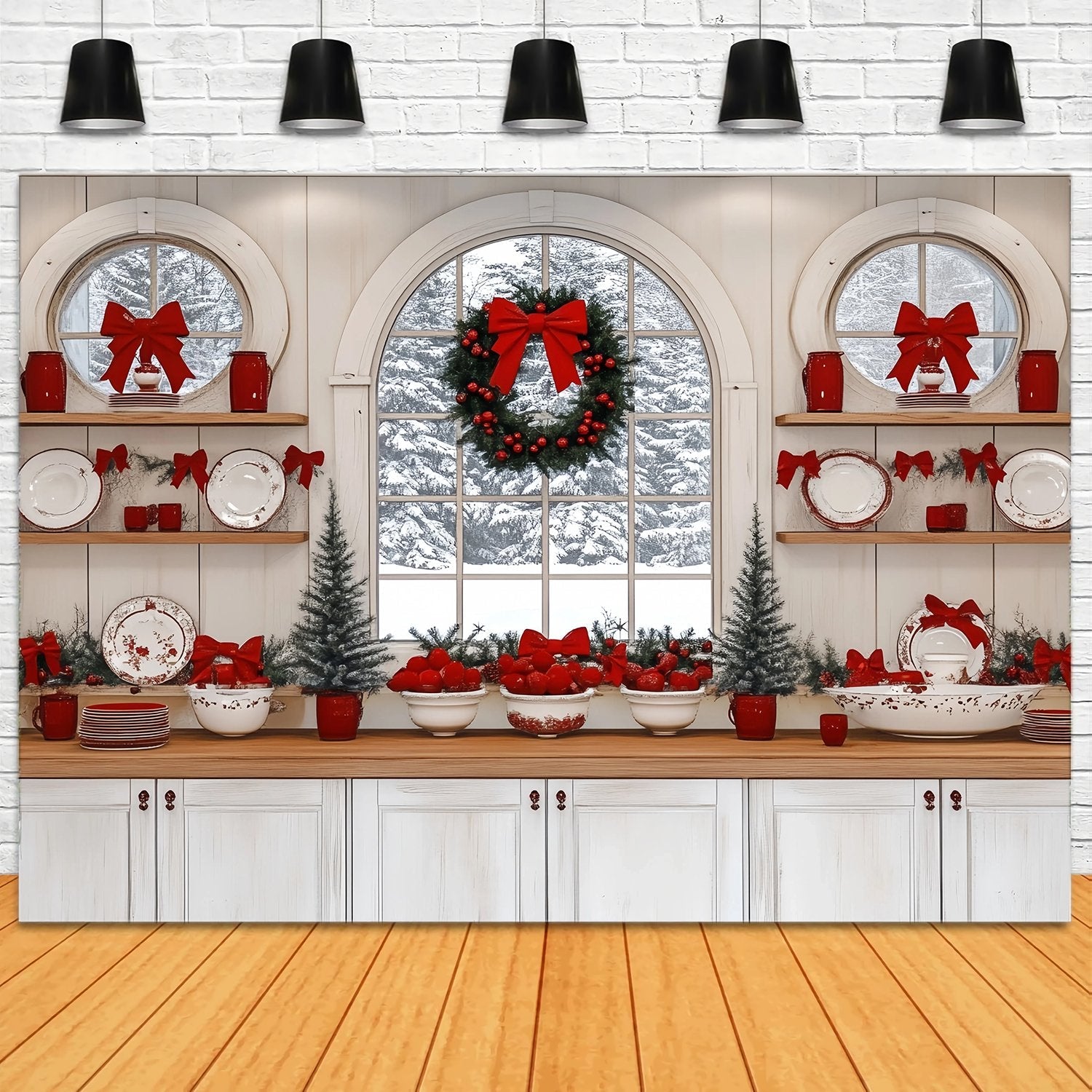 Christmas Kitchen Backdrop Snowy Window Kitchen Red Bow Decor Christmas Backdrops for Photos UK TWW58-93