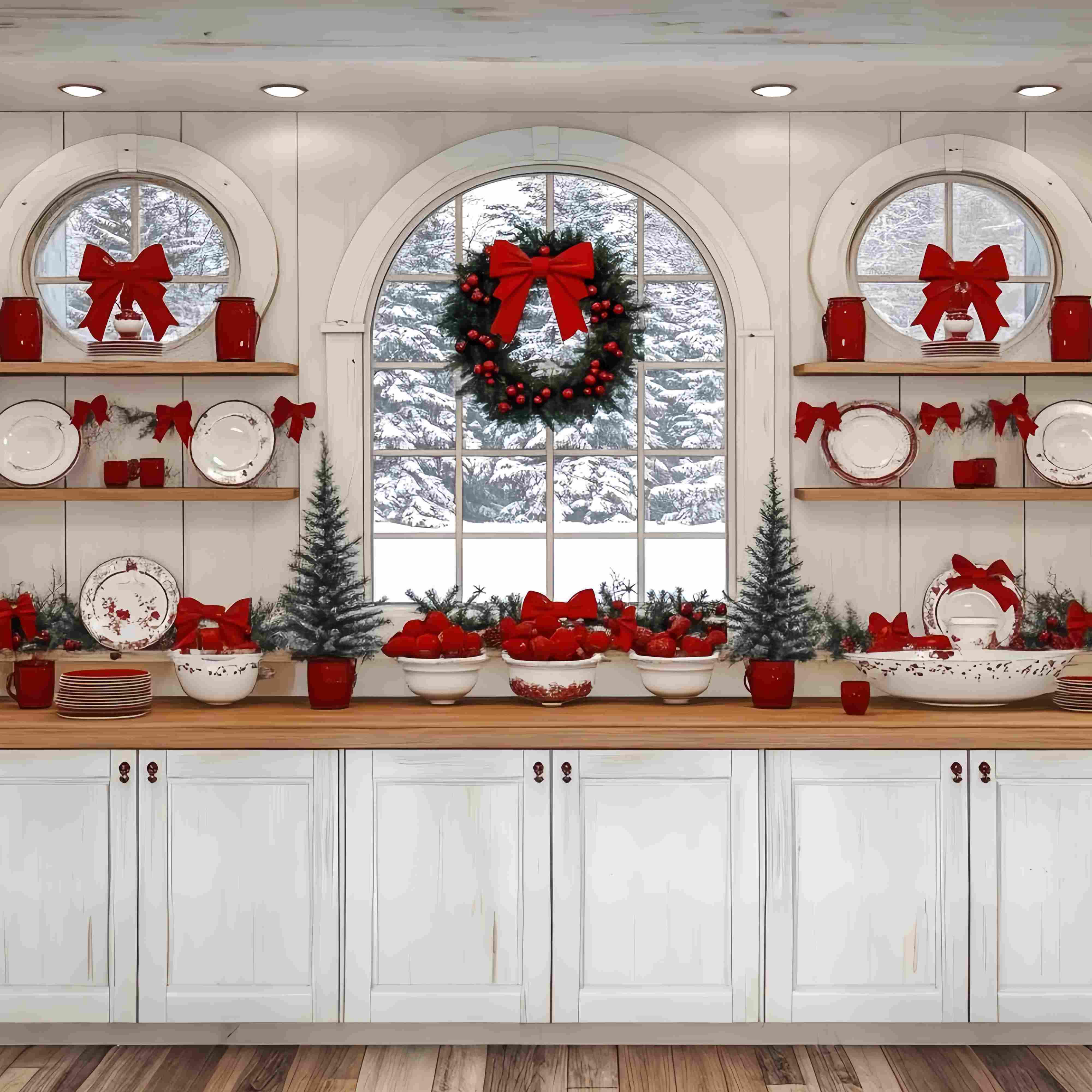 Christmas Kitchen Backdrop Snowy Window Kitchen Red Bow Decor Christmas Backdrops for Photos UK TWW58-93