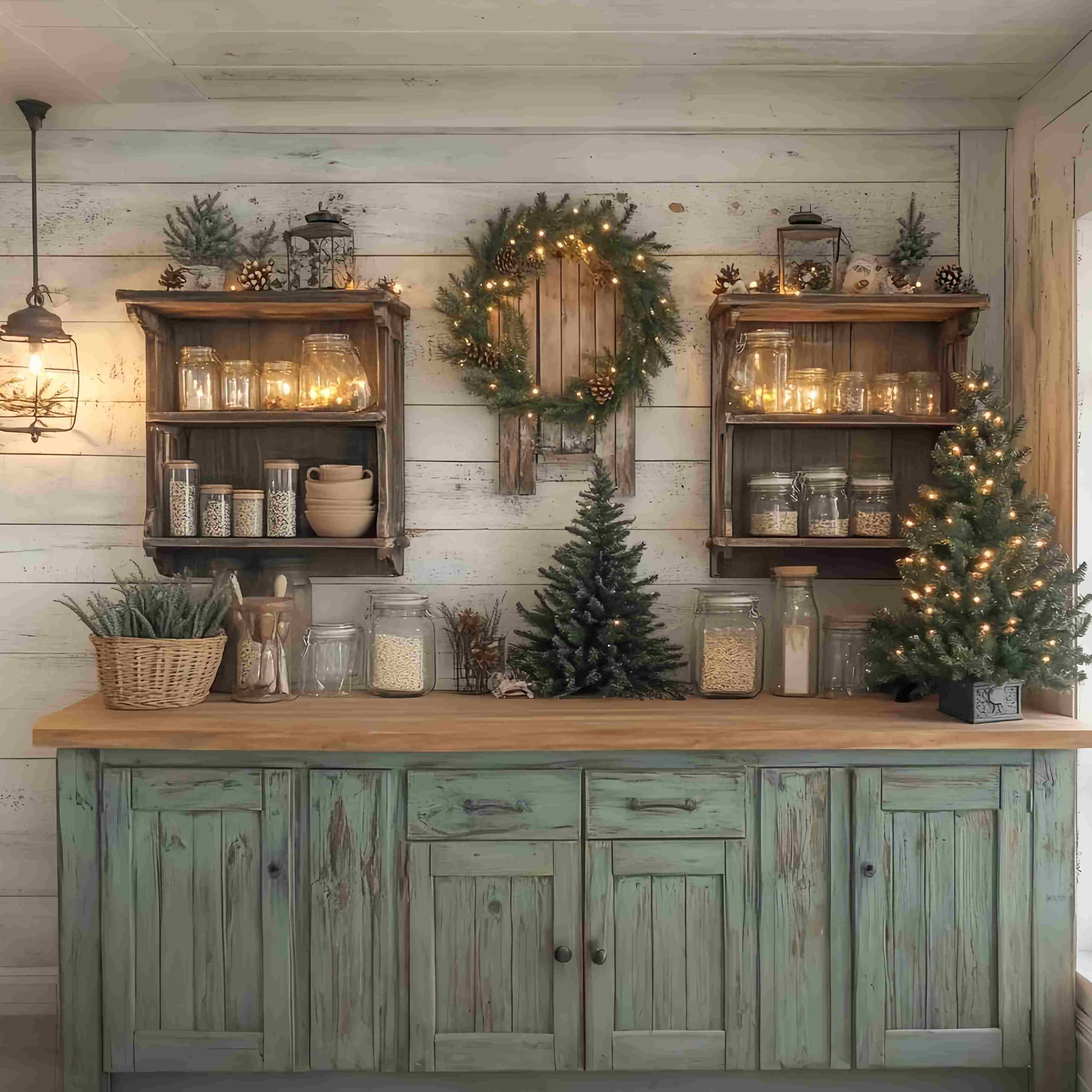 Christmas Kitchen Backdrop Rustic Kitchen Shelves Pine Garland Glow Christmas Photo Backdrops UK TWW58-94