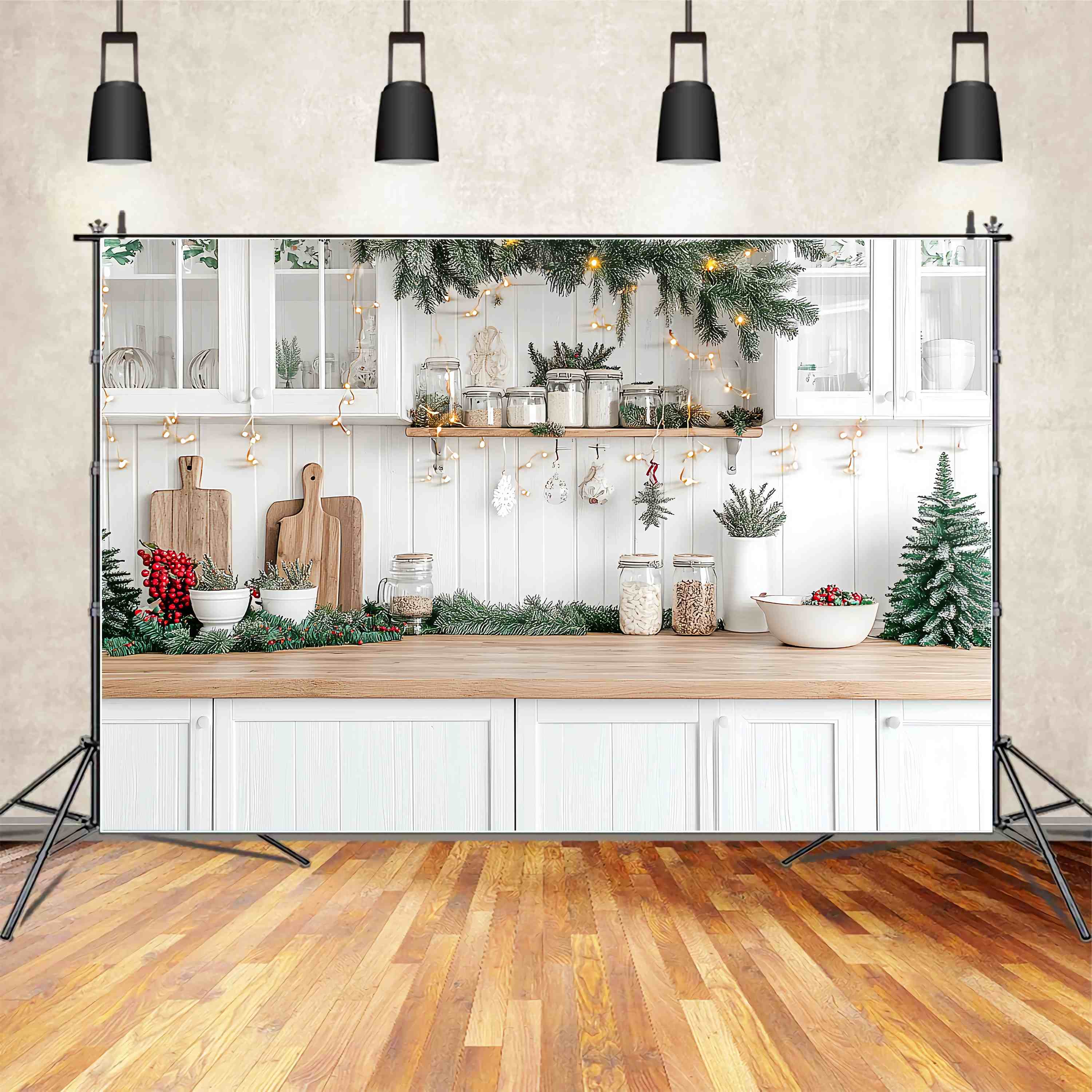 Christmas Kitchen Backdrop White Kitchen Counter Evergreen Garland Glow Christmas Backdrops for Photos UK TWW58-95