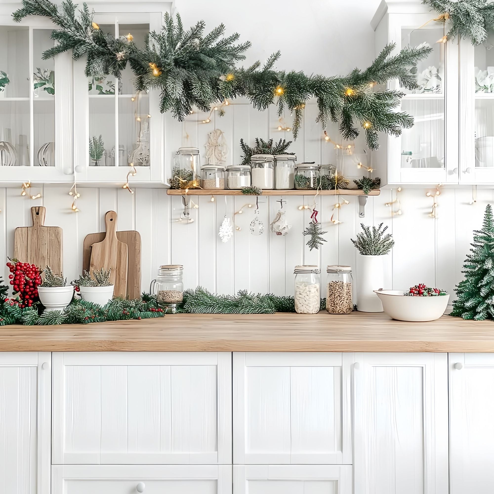 Christmas Kitchen Backdrop White Kitchen Counter Evergreen Garland Glow Christmas Backdrops for Photos UK TWW58-95