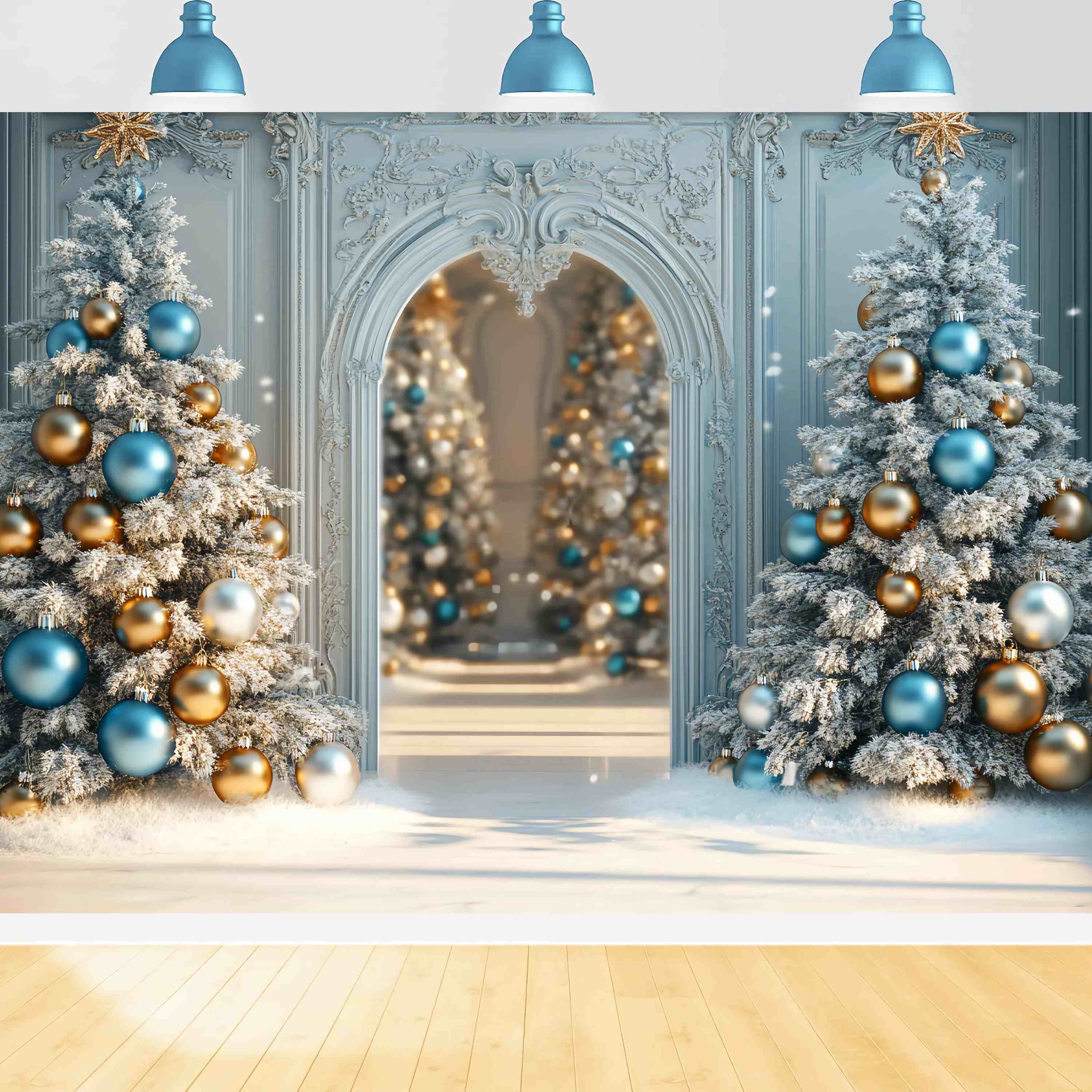 Christmas Tree Backdrop Frosted Blue Gold Ornament Trees Christmas Backdrops 10x10 UK TWW58-96