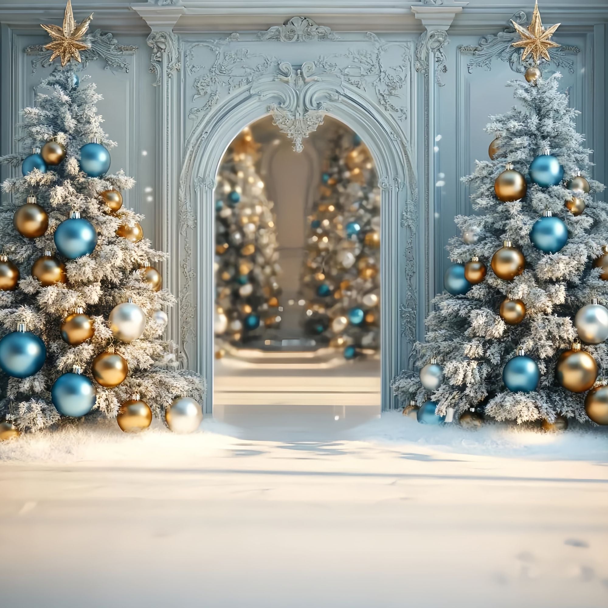Christmas Tree Backdrop Frosted Blue Gold Ornament Trees Christmas Backdrops 10x10 UK TWW58-96