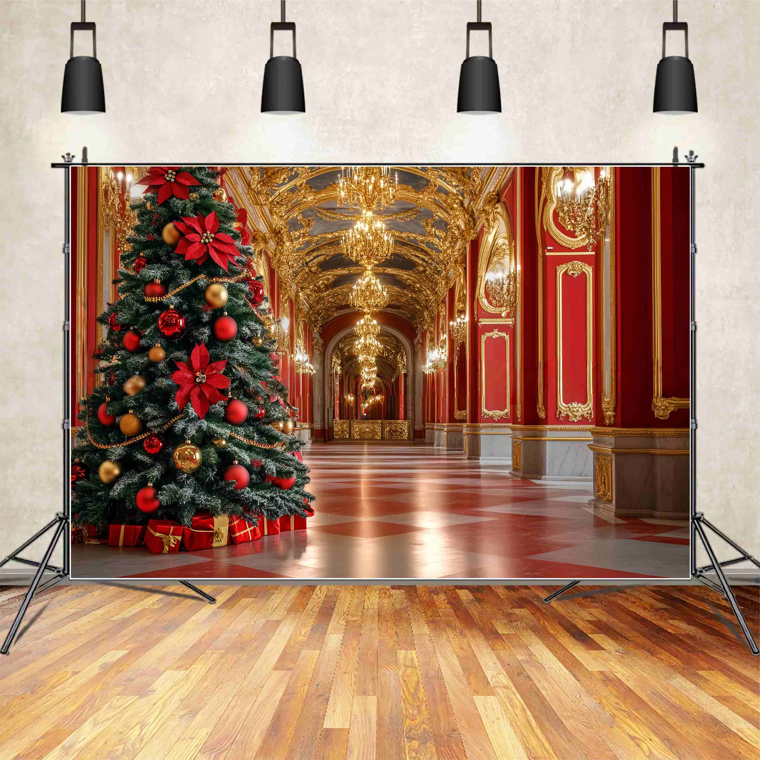 Red Christmas Backdrop Opulent Red Gold Grand Hall Tree Christmas Photo Backdrops UK TWW58-99