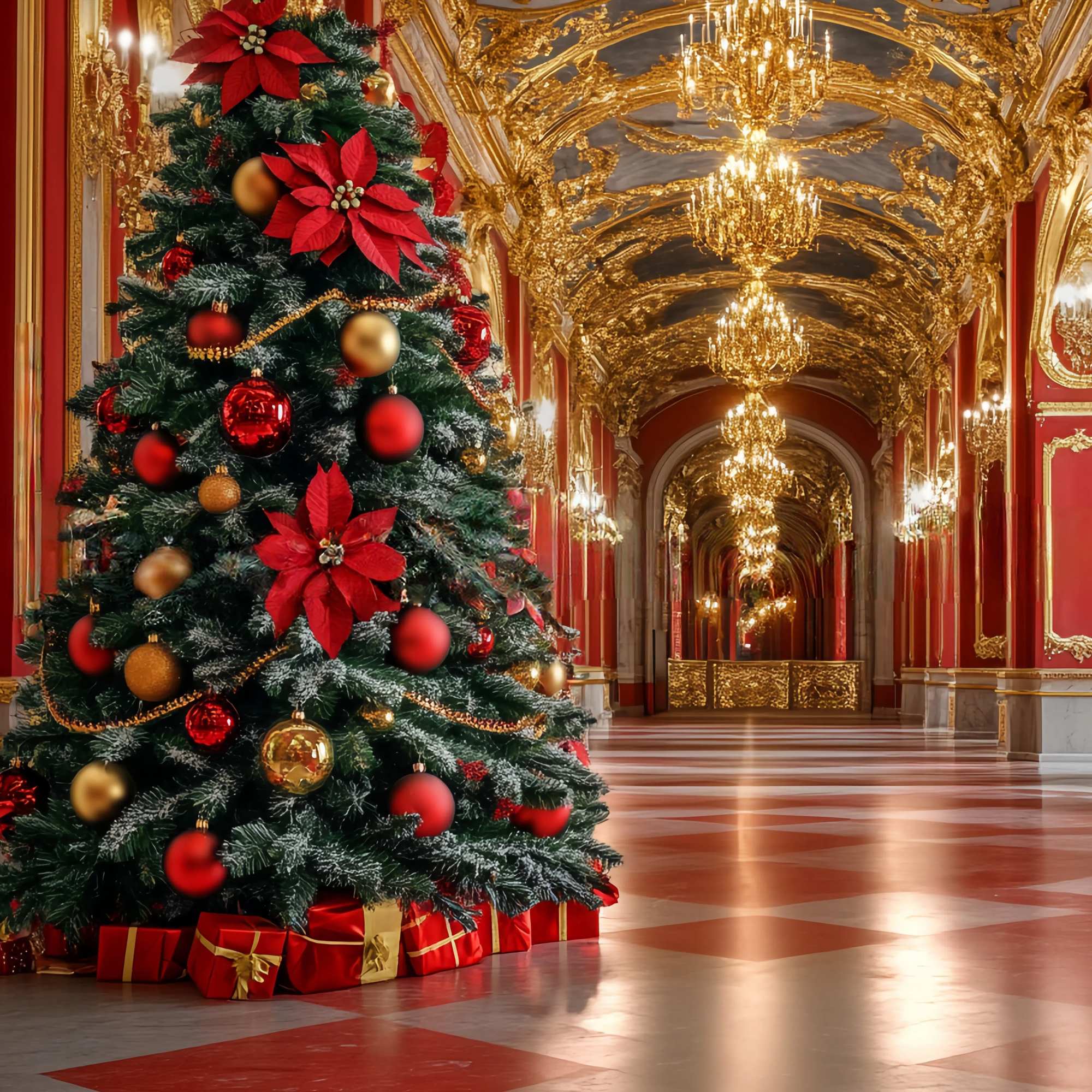 Red Christmas Backdrop Opulent Red Gold Grand Hall Tree Christmas Photo Backdrops UK TWW58-99