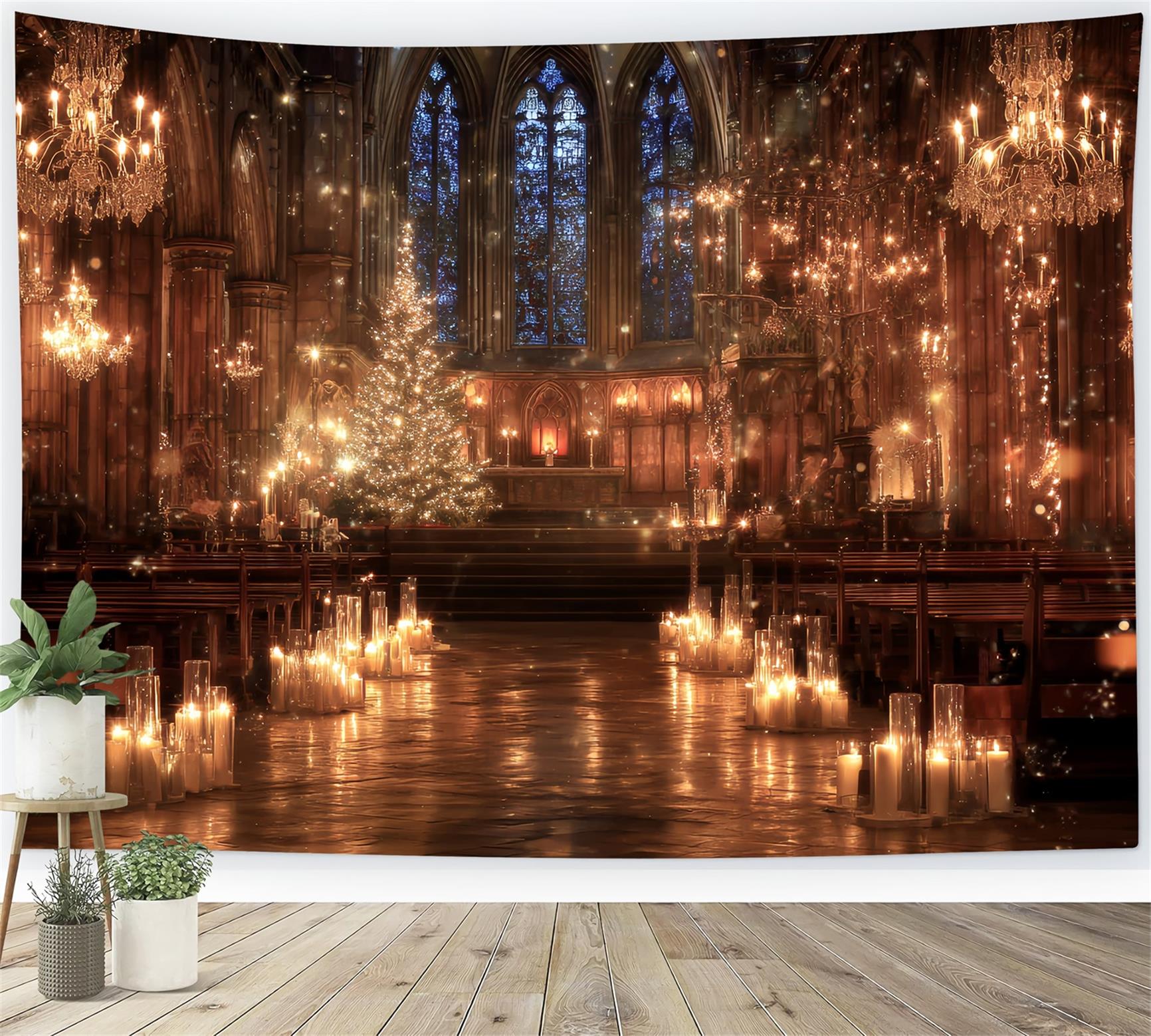 Church Backdrop Golden Candlelit Cathedral Magic Christmas Photography Backdrops UK TWW59-114