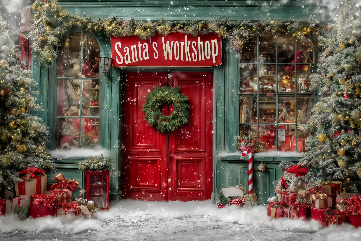 Santa’s Workshop Backdrop Santa Workshop Festive Front Christmas Backdrops UK TWW59-127