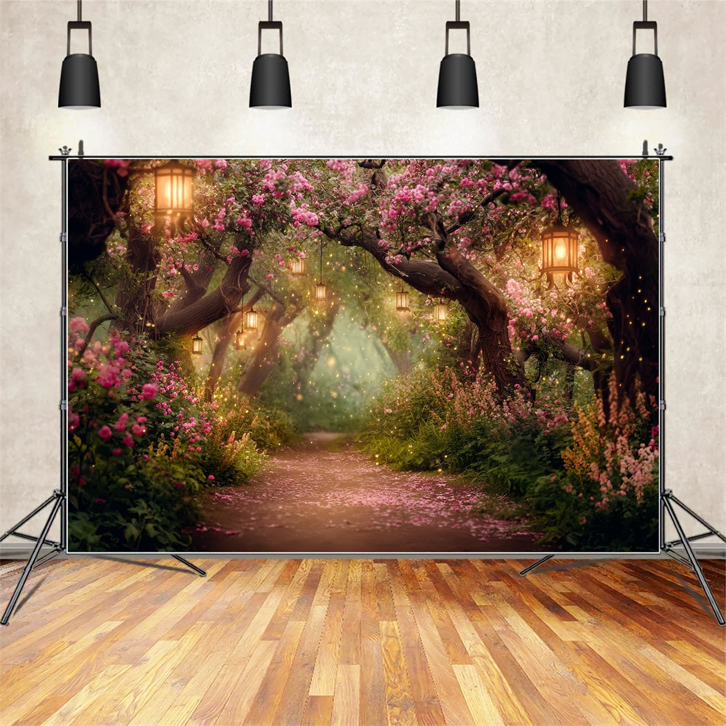 Night Forest Backdrop Blooming Lantern Flower Path Forest Photo Backdrop UK TWW59-155