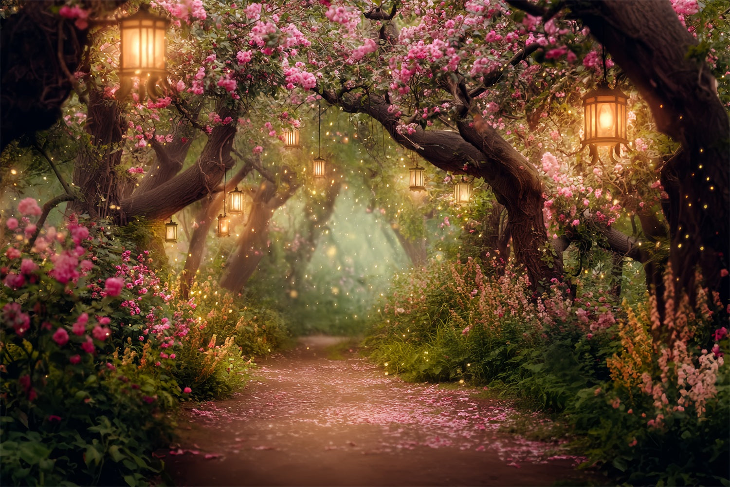 Night Forest Backdrop Blooming Lantern Flower Path Forest Photo Backdrop UK TWW59-155